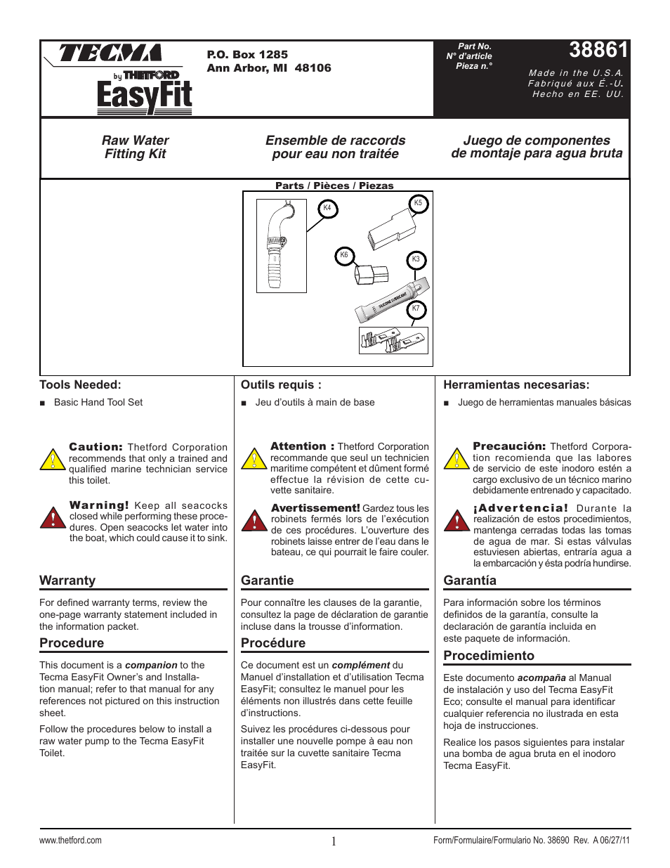 Thetford 38861 Raw Water Fitting Kit User Manual | 2 pages