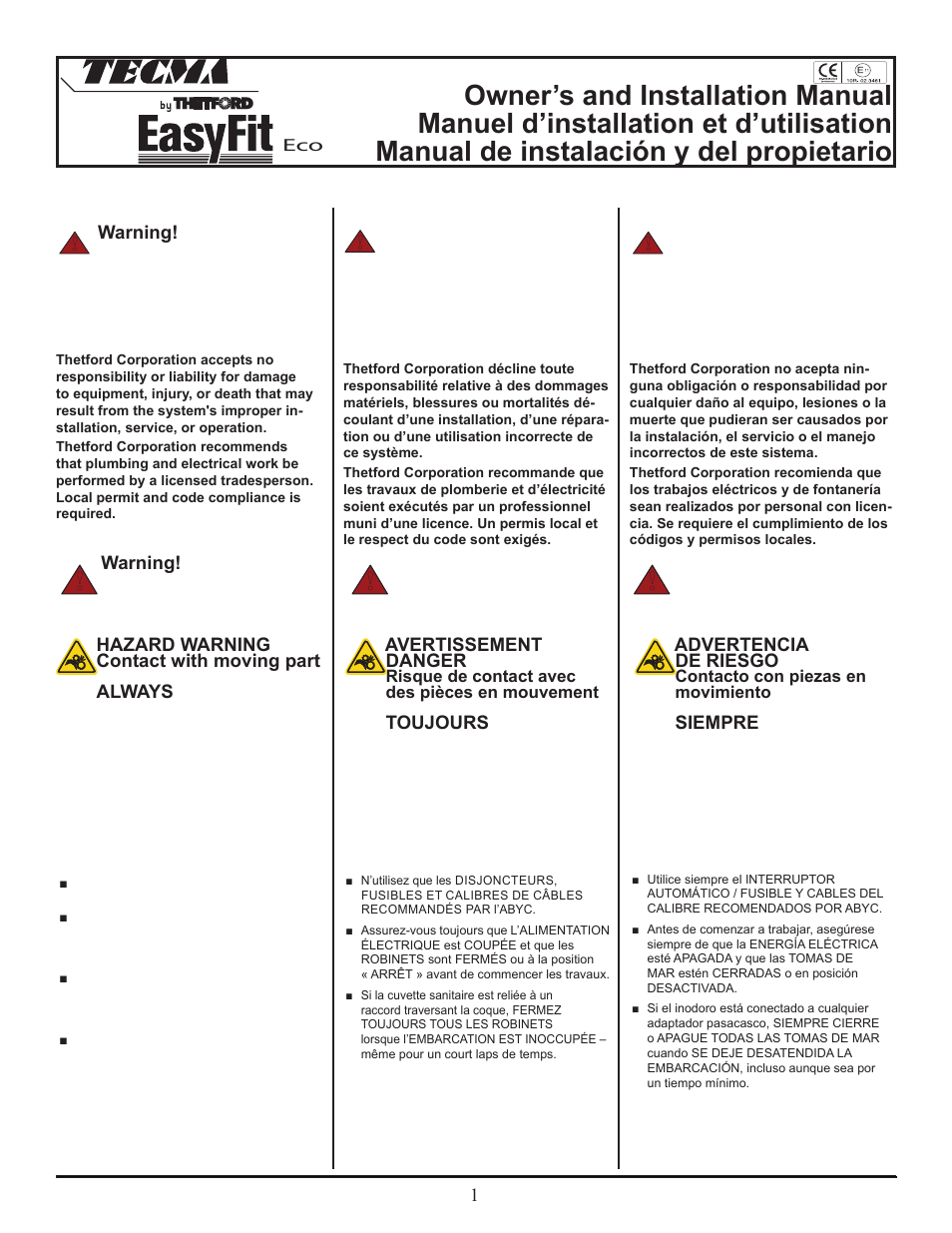 Thetford Tecma Easy Fit Eco User Manual | 15 pages
