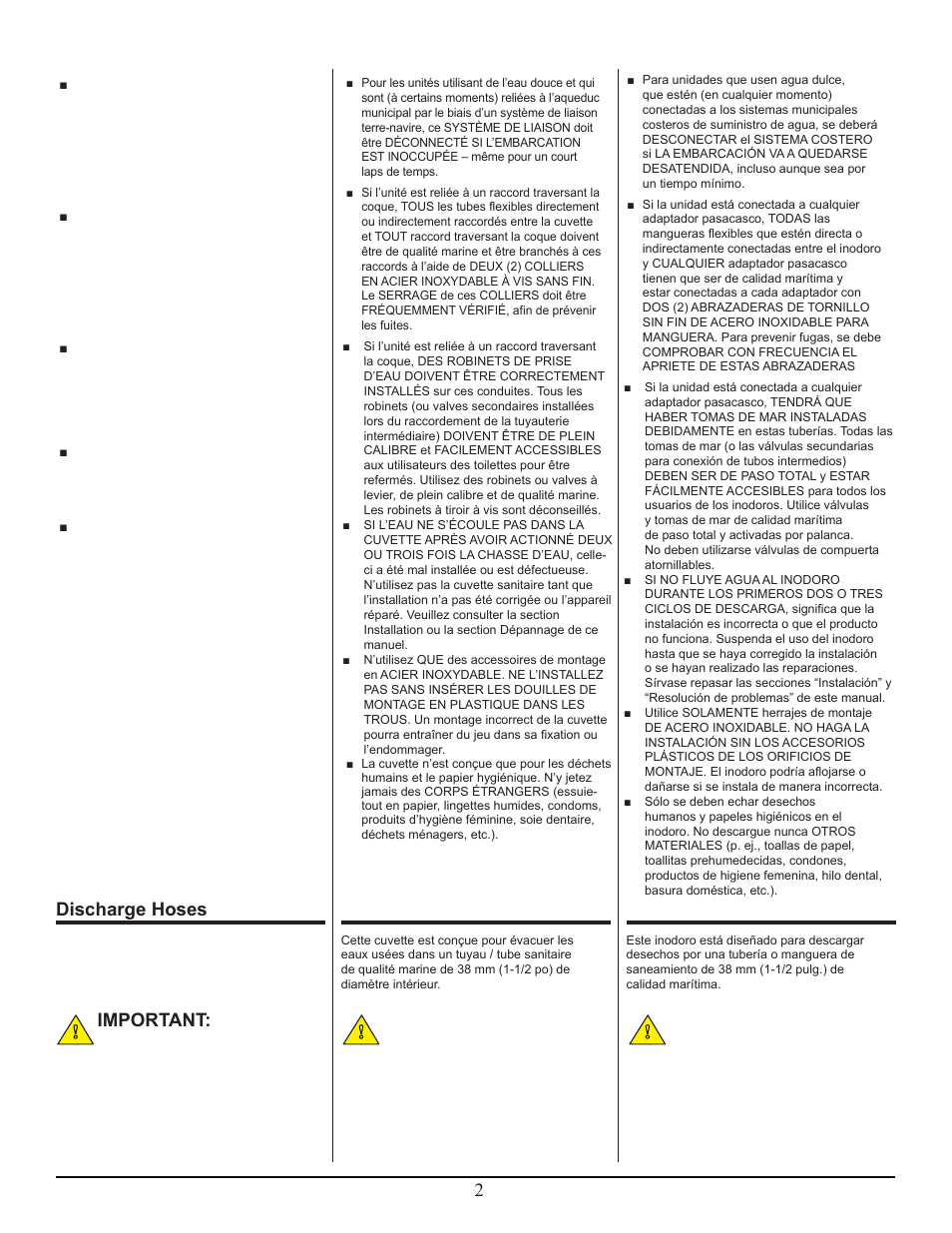 Discharge hoses, Important, Tuyaux d’évacuation | Remarque, Mangueras de descarga, Importante | Thetford Tecma Easy Fit Eco User Manual | Page 2 / 15
