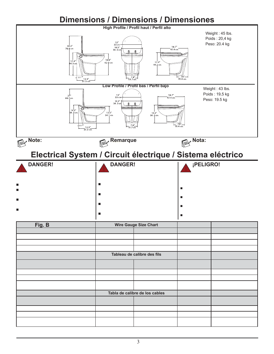 Dimensions / dimensions / dimensiones, Fig. a, Danger | Fig. b remarque, Nota, Peligro | Thetford Tecma Easy Fit Eco User Manual | Page 3 / 15