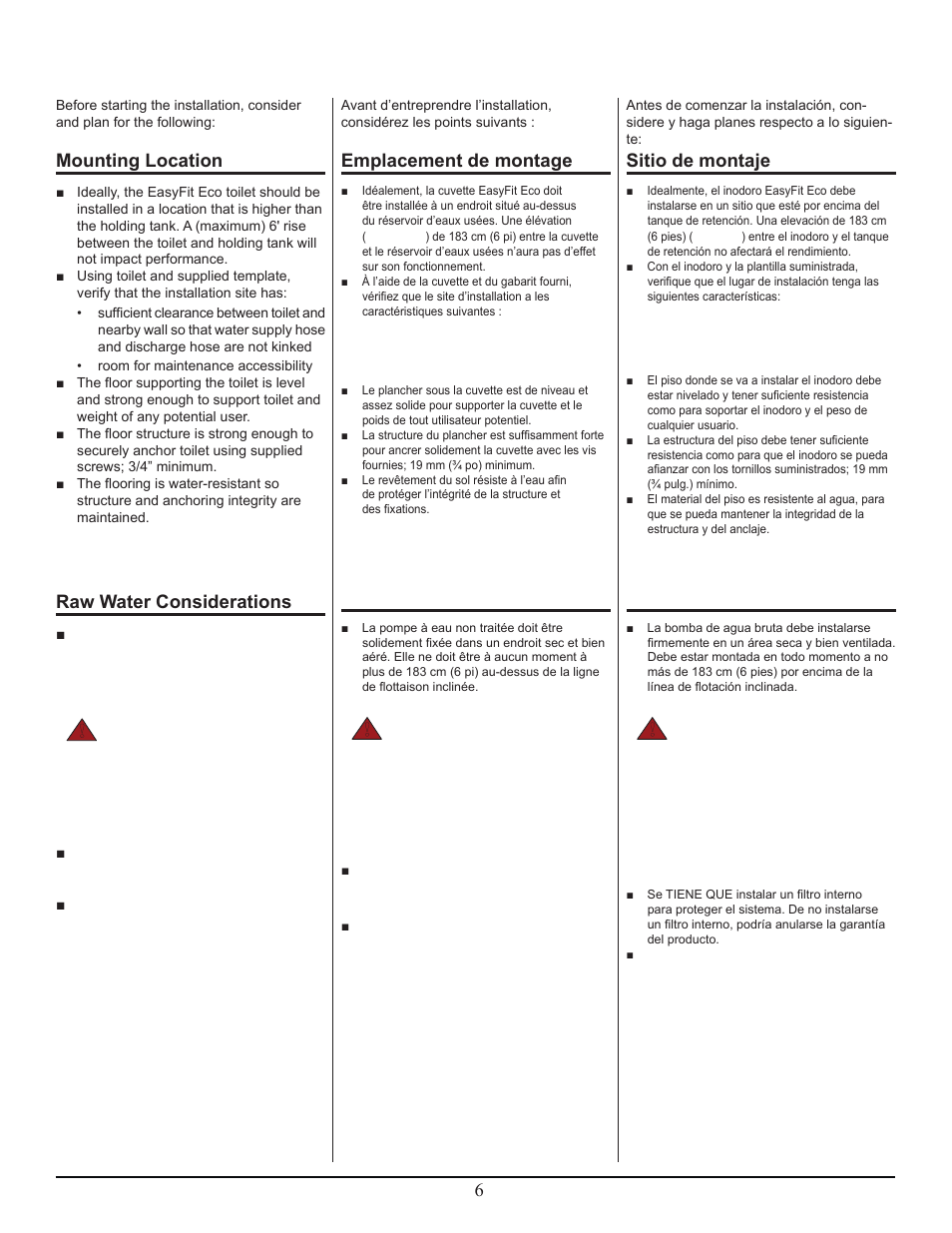 Raw water considerations, Danger, Mounting location | Considérations relatives à l’eau non traitée, Emplacement de montage, Consideraciones referentes al agua bruta, Peligro, Sitio de montaje | Thetford Tecma Easy Fit Eco User Manual | Page 6 / 15