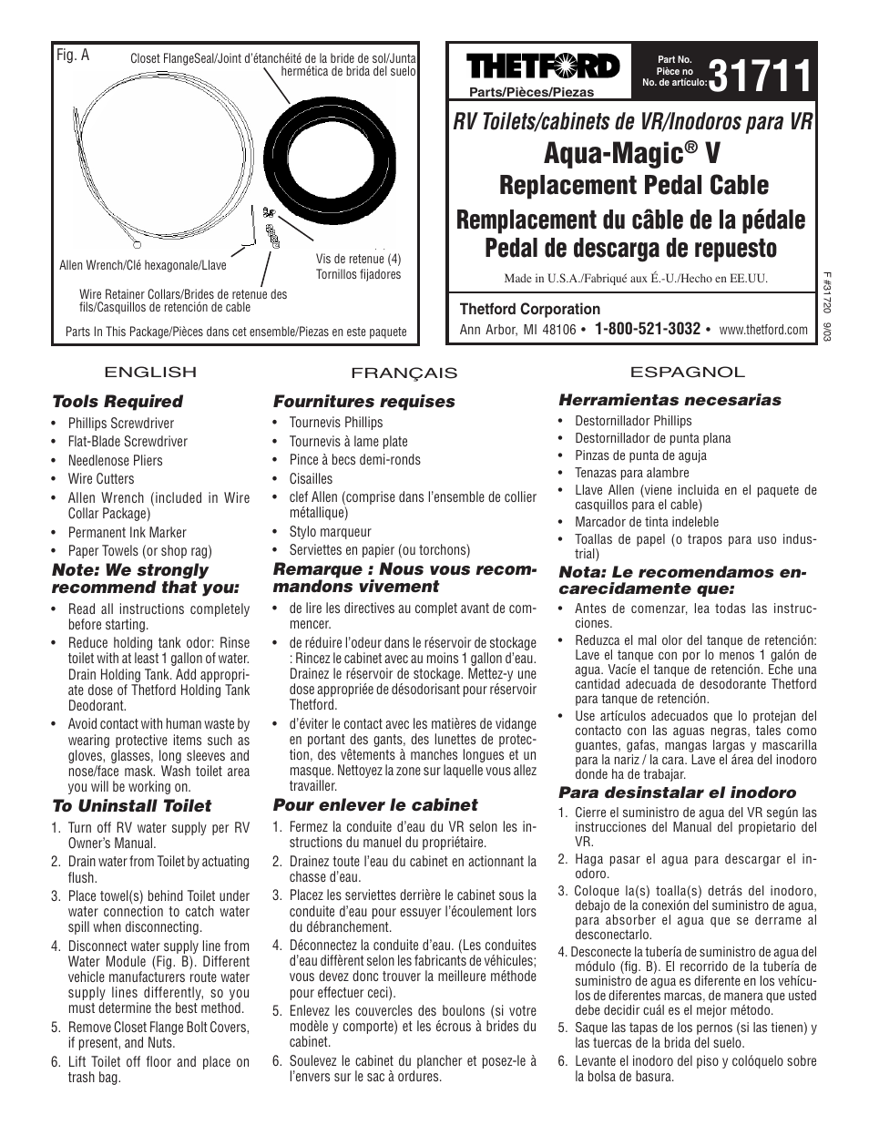 Thetford 31711 - Pedal Cable User Manual | 4 pages