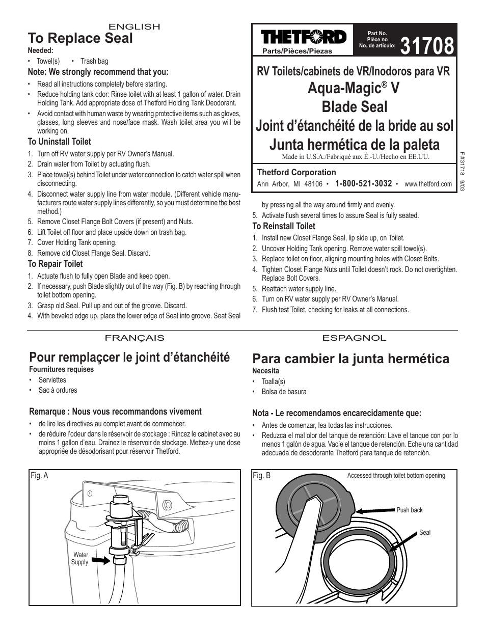 Thetford 31708 - Blade Seal User Manual | 2 pages