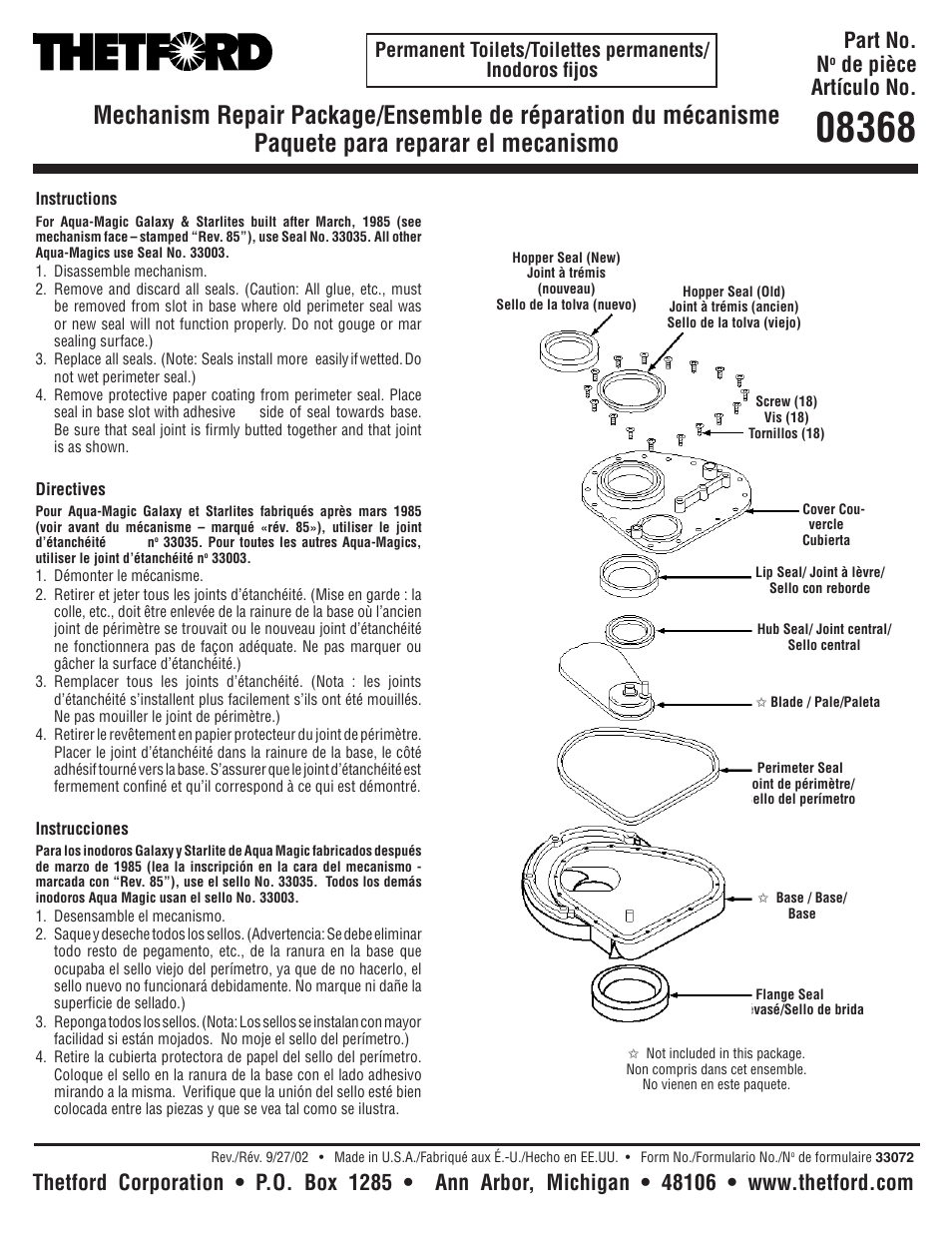 Thetford 08368 - Mechanism Repair User Manual | 1 page