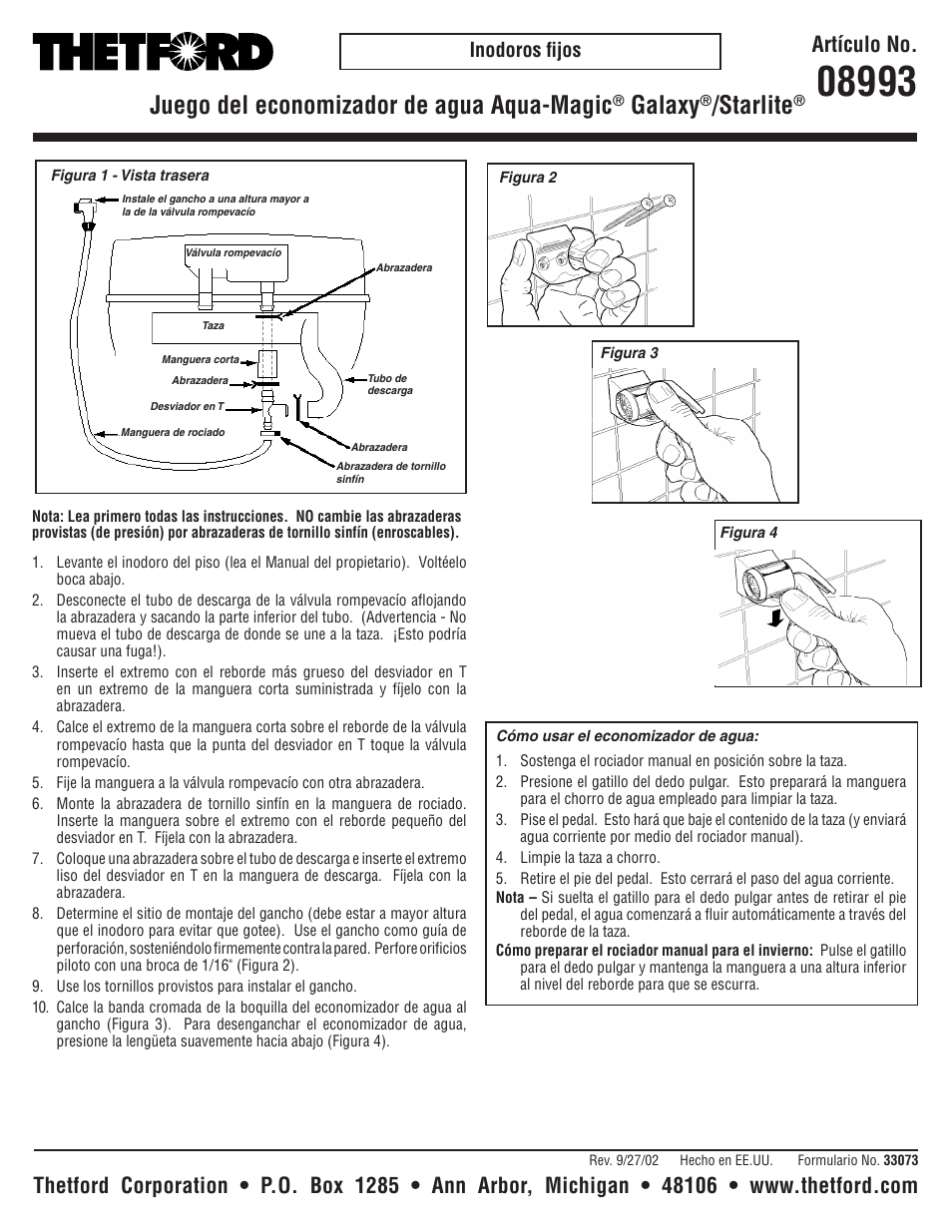 Juego del economizador de agua aqua-magic, Galaxy, Starlite | Artículo no, Inodoros fijos | Thetford 08993 - Mechanism Repair User Manual | Page 2 / 2