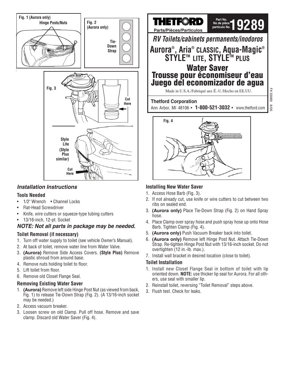 Thetford 19289 - RV Water Saver User Manual | 2 pages