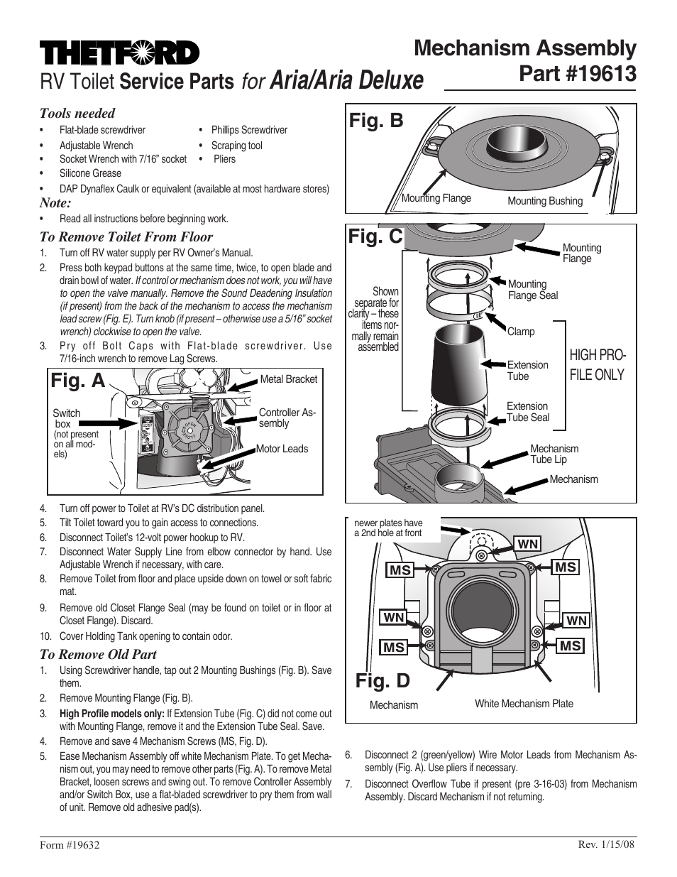 Thetford 19613 - Mechanism Assembly User Manual | 2 pages