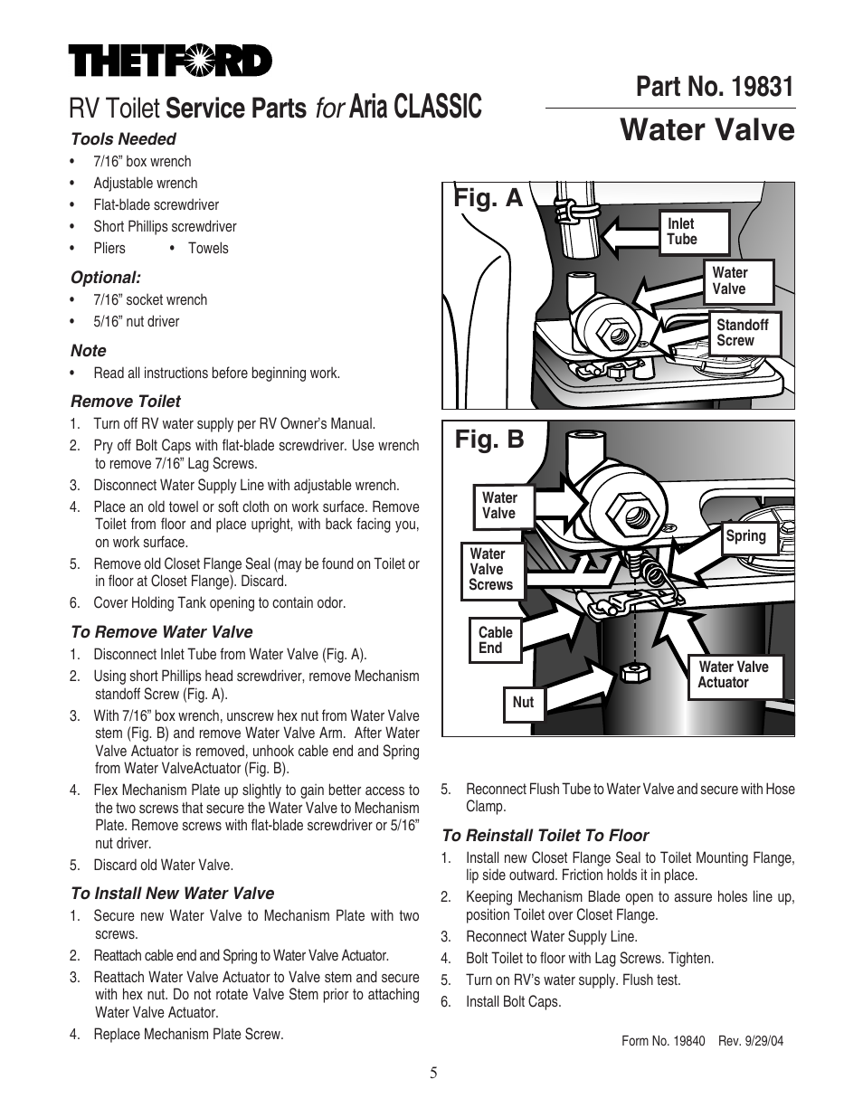 Thetford 19831 - Water Valve User Manual | 1 page