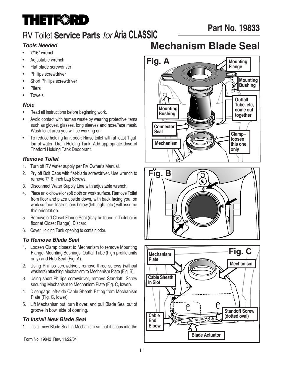 Thetford 19833 - Mechanism Blade Seal User Manual | 2 pages