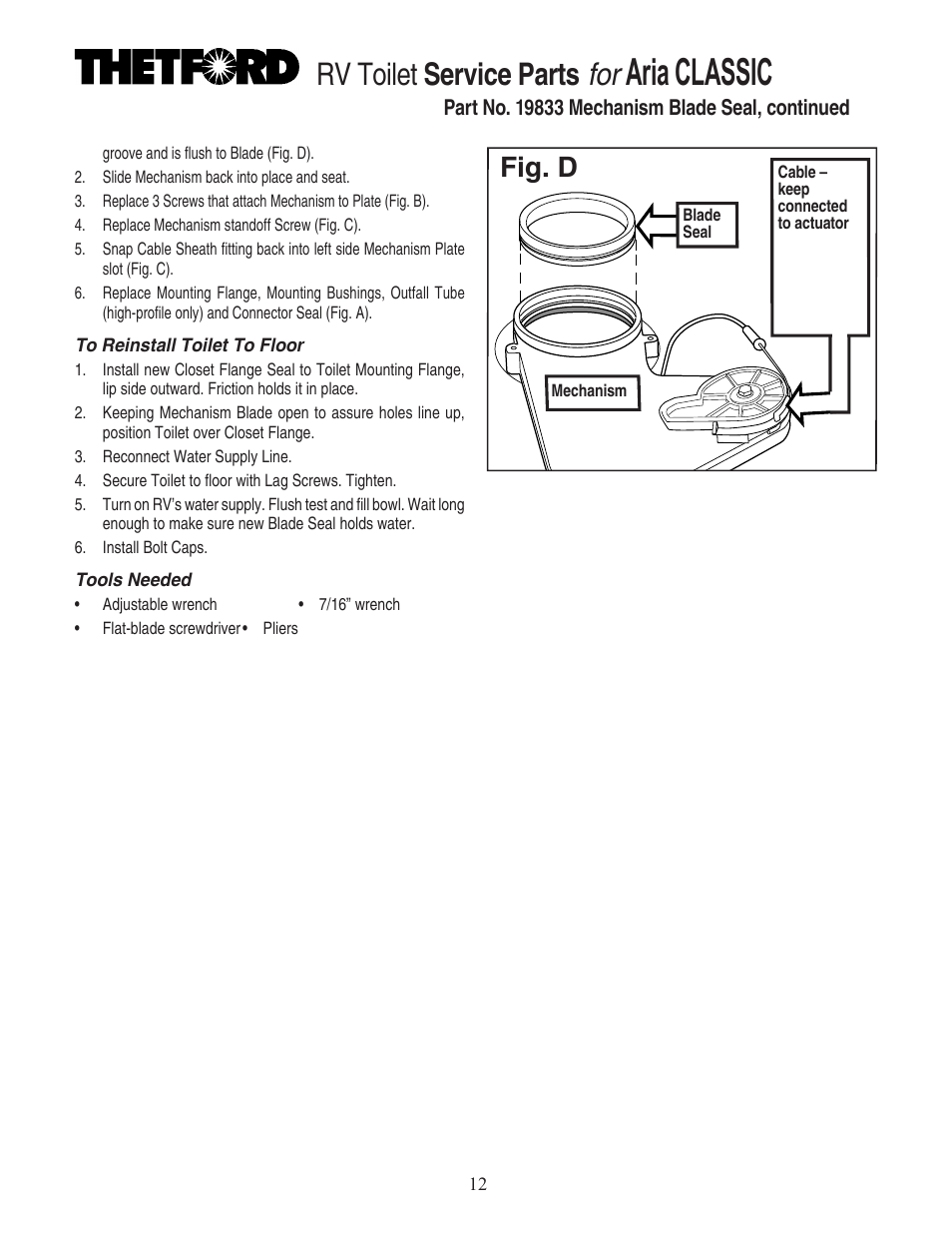 Aria classic, Rv toilet service parts for, Fig. d | Thetford 19833 - Mechanism Blade Seal User Manual | Page 2 / 2