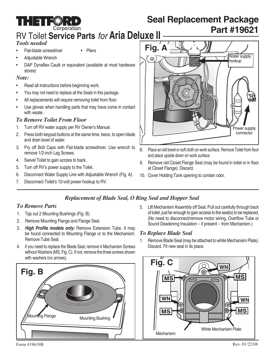 Thetford 19621 - Seal Replacement Package User Manual | 4 pages