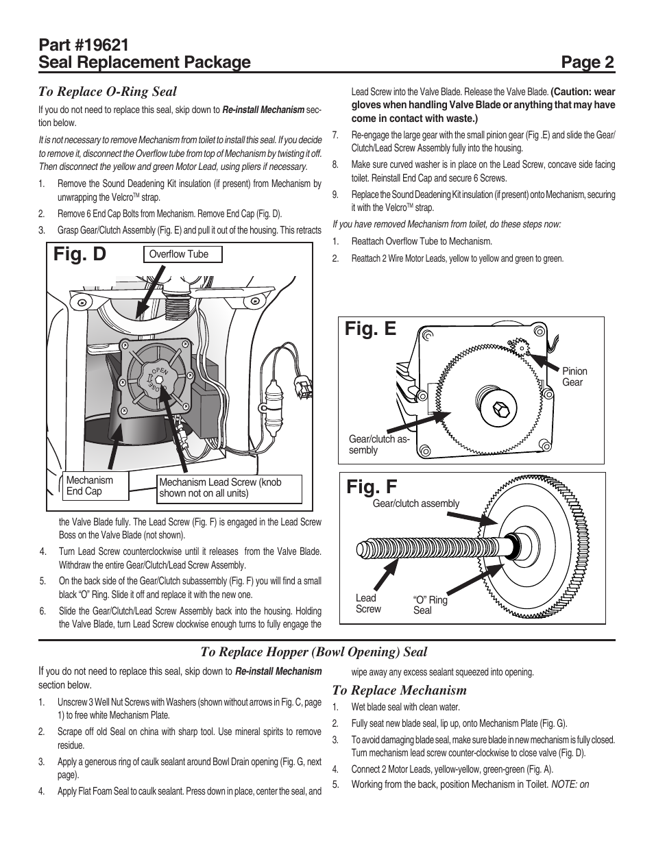 Fig. e, Fig. d, Fig. f | Thetford 19621 - Seal Replacement Package User Manual | Page 2 / 4