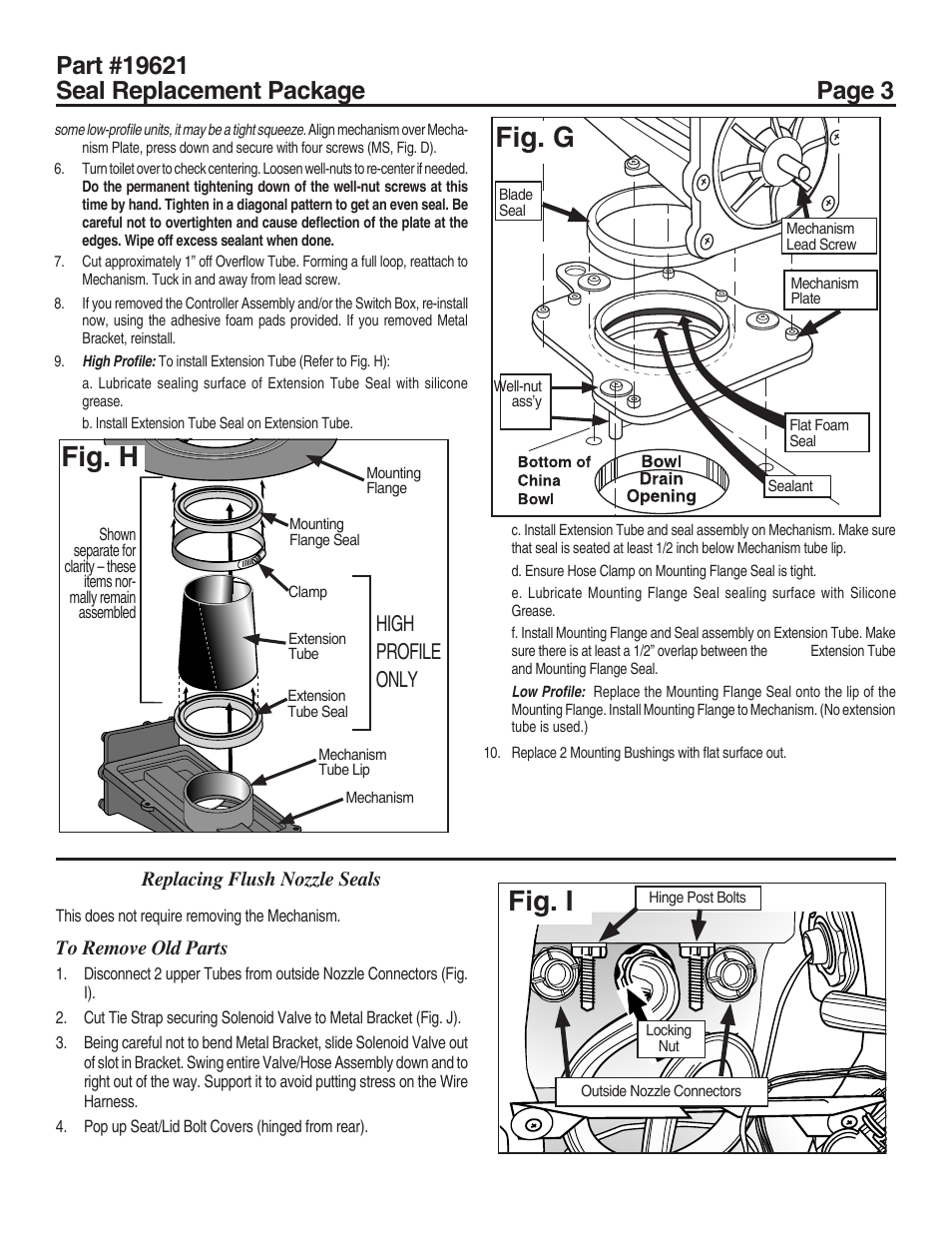 Fig. i, Fig. h, Fig. g | High profile only, Replacing flush nozzle seals | Thetford 19621 - Seal Replacement Package User Manual | Page 3 / 4