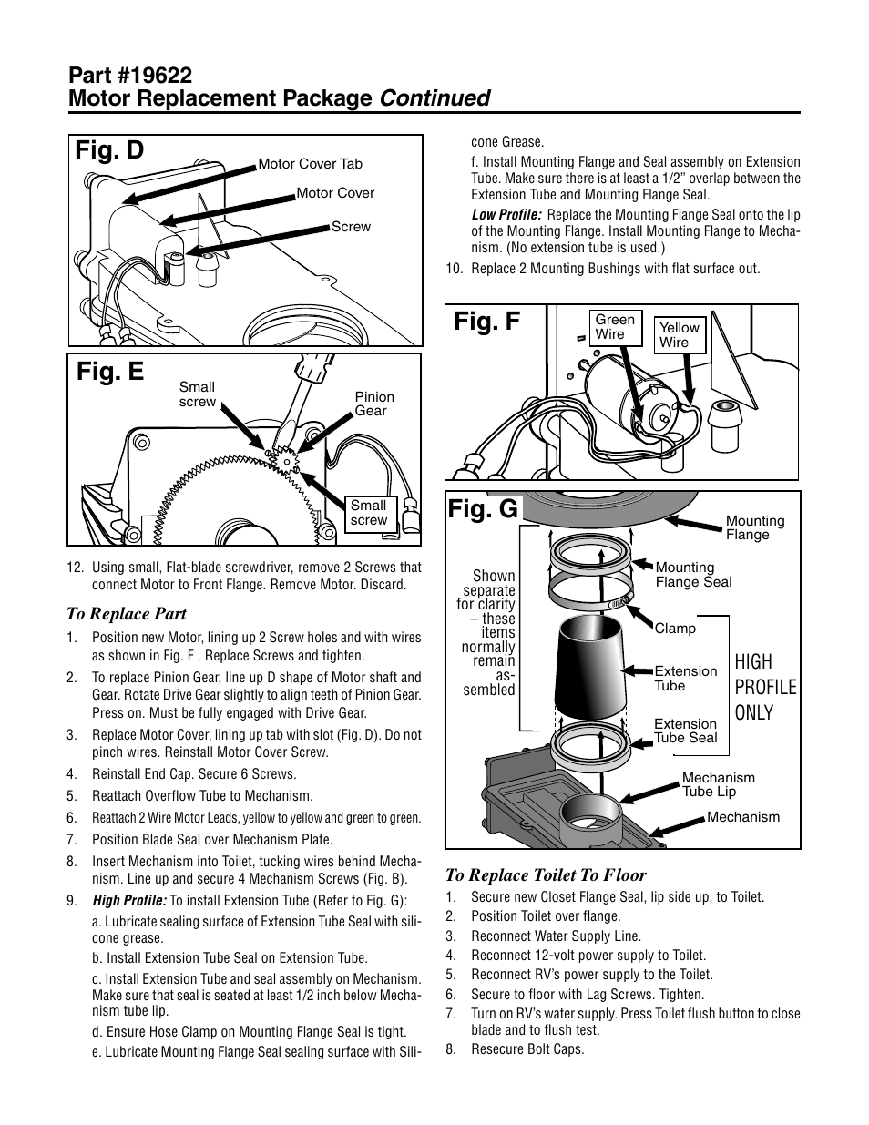 Fig. d, Fig. e, Fig. f | Fig. g, Continued, High profile only | Thetford 19622 - Motor Replacement Package User Manual | Page 2 / 2
