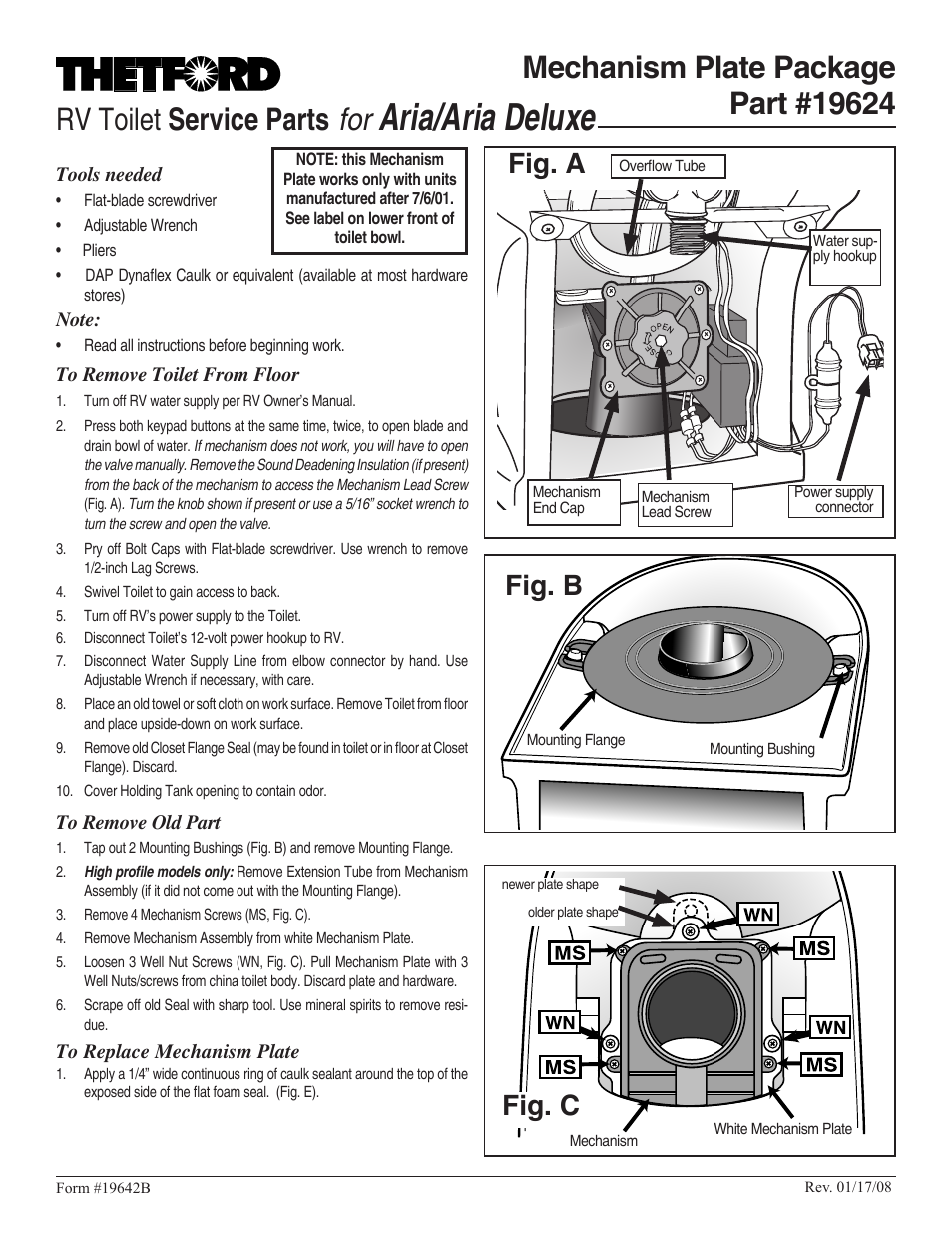 Thetford 19624 - Mechanism Plate User Manual | 2 pages