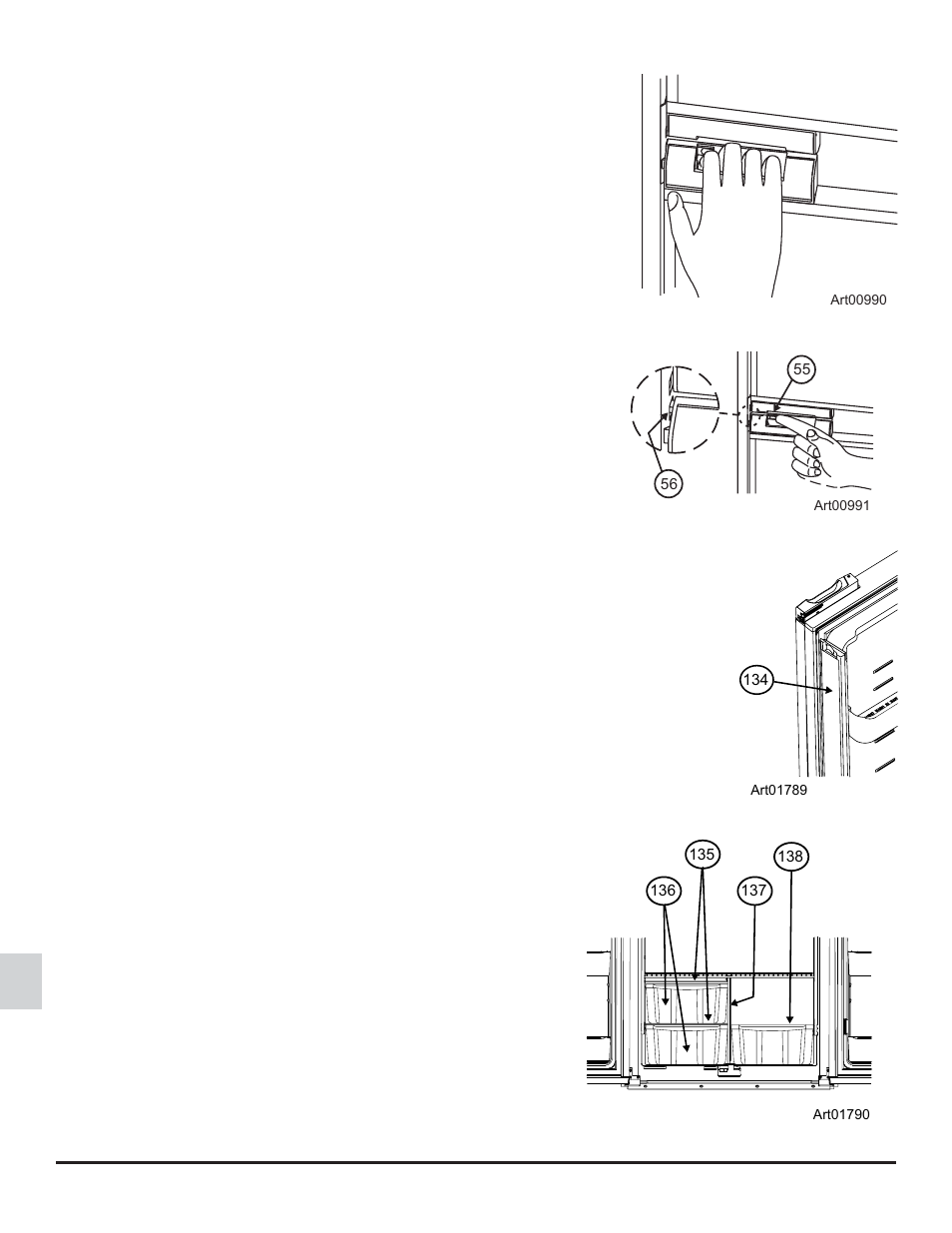 Door handles, Movable door seal, Crispers | Tall bottle and gallon storage drawer | Thetford 1210 Series AC - Through 10/26/06 User Manual | Page 6 / 18