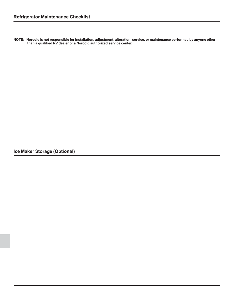 Refrigerator maintenance checklist, Ice maker storage (optional) | Thetford 1210 Series GE - Through 04/06/09 User Manual | Page 16 / 22