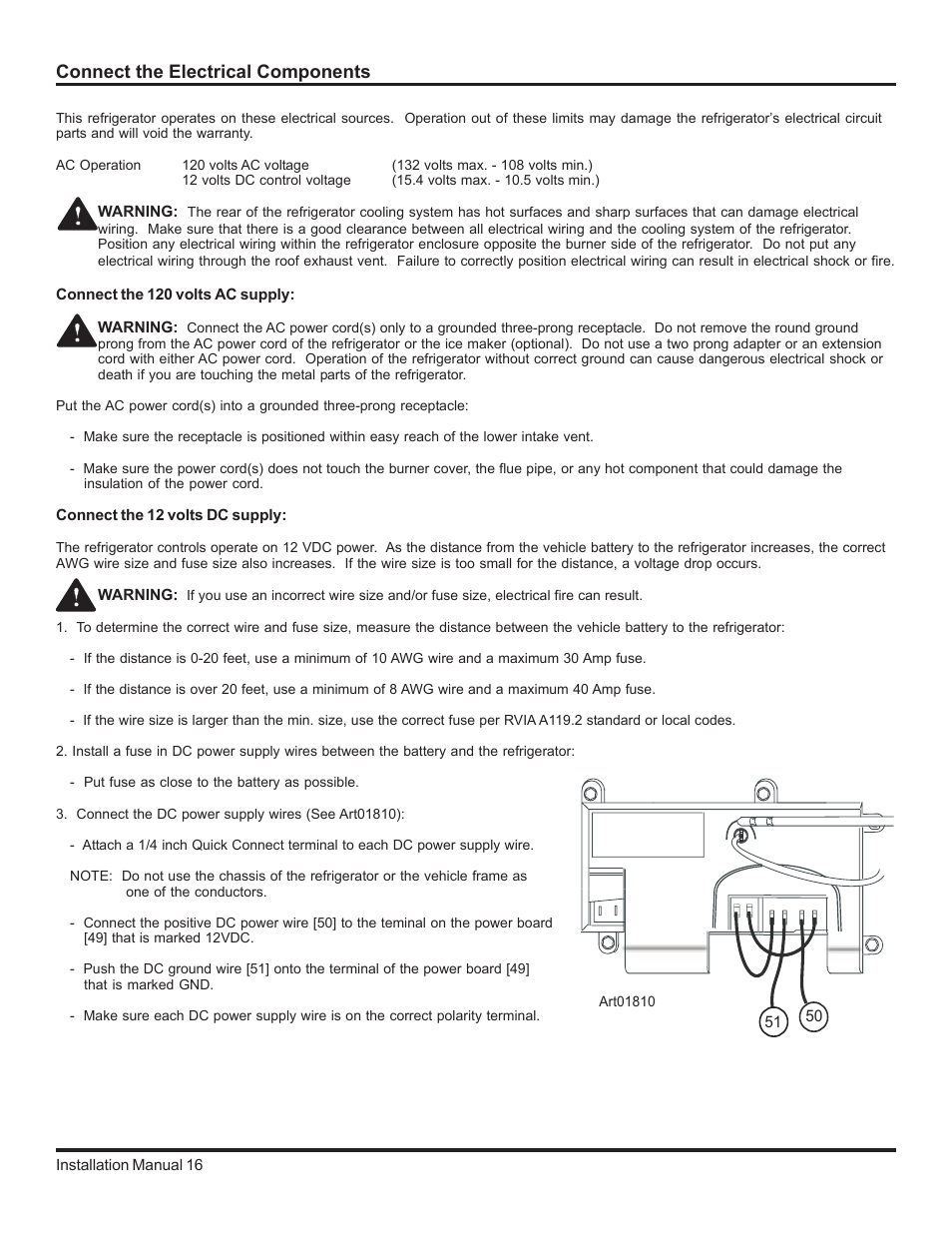 Connect the electrical components, Connect the 120 volts ac supply, Connect the 12 volts dc supply | Thetford 2117 Series Installation Manual User Manual | Page 16 / 22