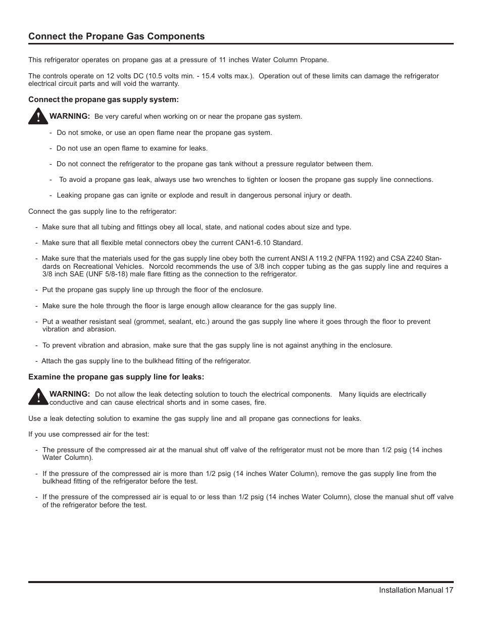 Connect the propane gas components, Connect the propane gas supply system, Examine the propane gas supply line for leaks | Thetford 2117 Series Installation Manual User Manual | Page 17 / 22