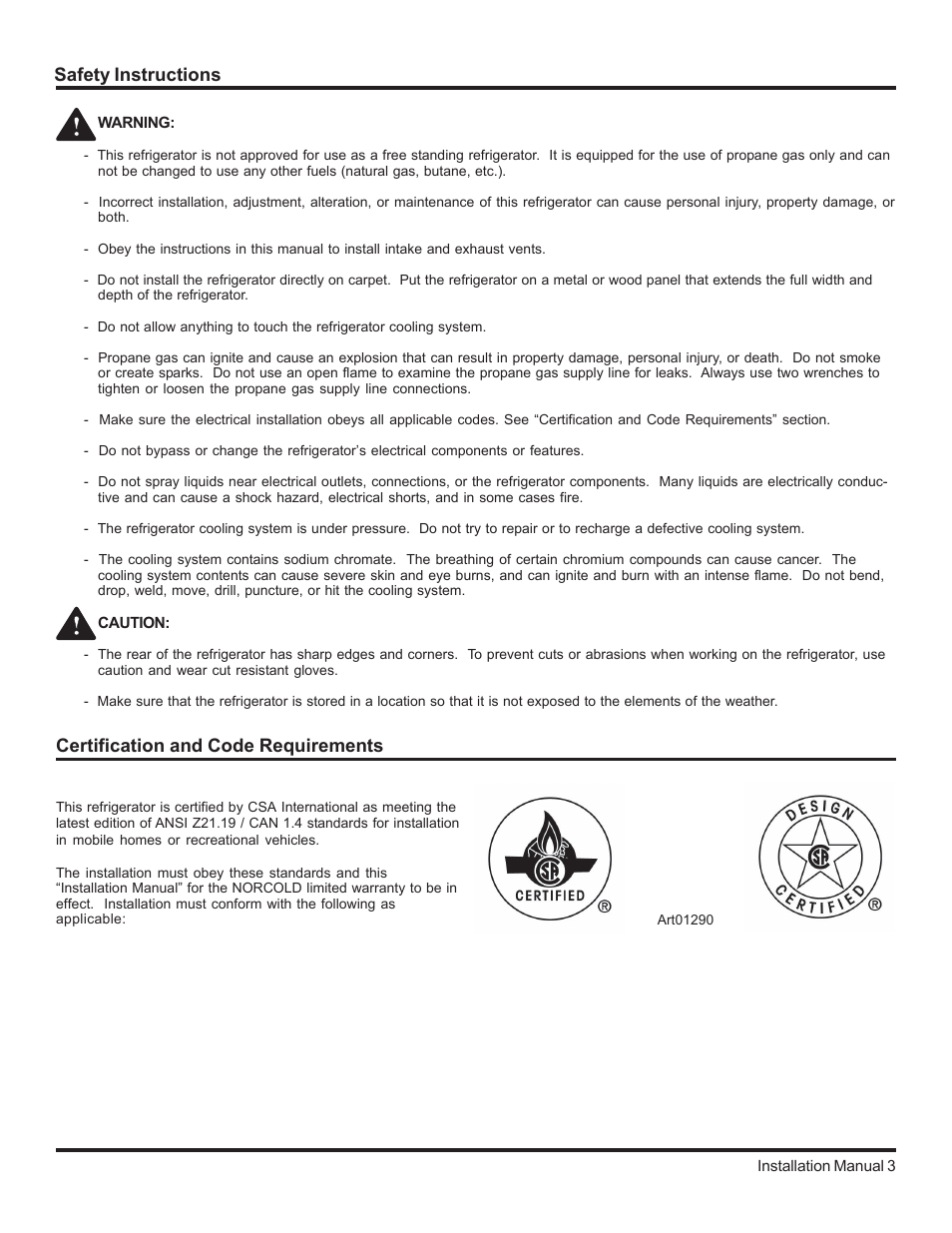 Safety instructions, Certification and code requirements | Thetford 2117 Series Installation Manual User Manual | Page 3 / 22