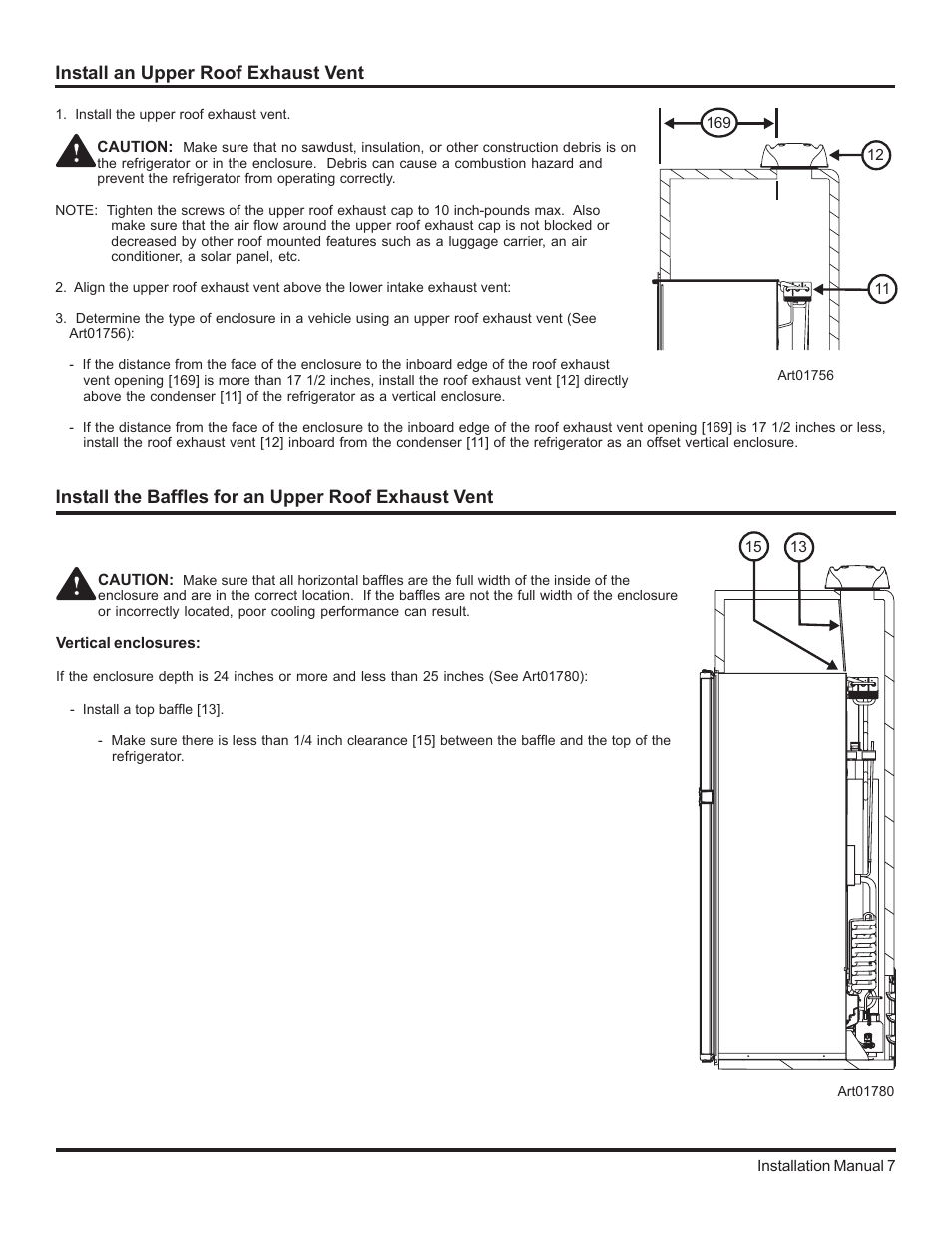 Install the upper roof exhaust vent, Vertical enclosures | Thetford 2117 Series Installation Manual User Manual | Page 7 / 22