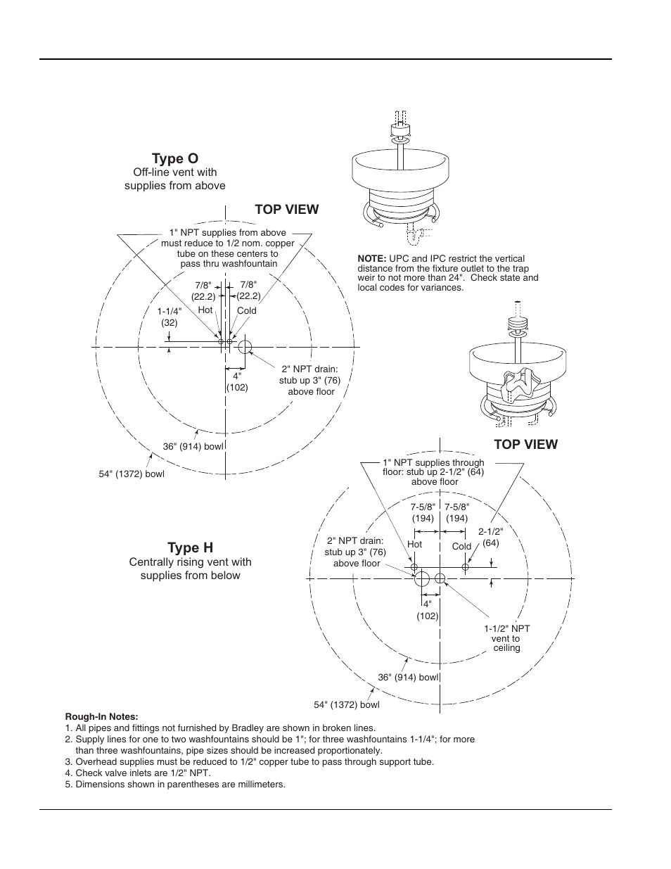 Rough-in specifications, Continued, Type h | Type o, Top view | Bradley Smoker WF2708 User Manual | Page 6 / 28