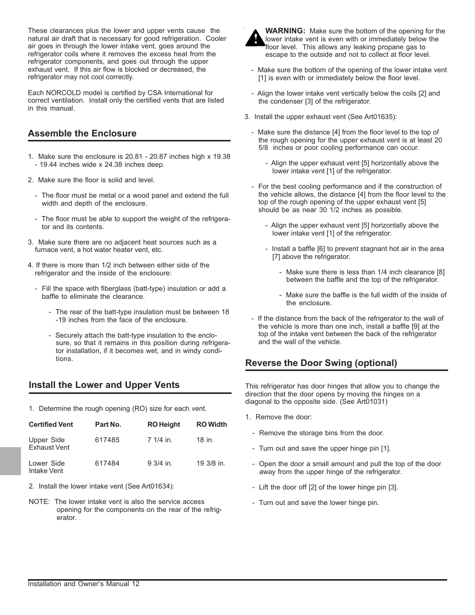 Assemble the enclosure, Install the lower and upper vents, Reverse the door swing (optional) | Thetford N260 Series User Manual | Page 12 / 18