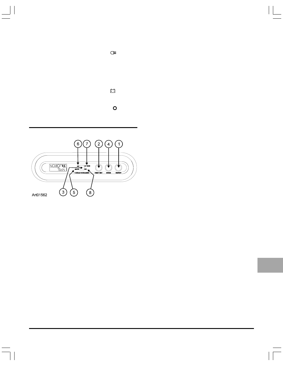 Start up - ac operation, Start up - dc operation (model n550.3 only), Shut down | Operating the refrigerator controls (n510 models), Control panel, Automatic mode operation, Manual mode operation, Operating the refrigerator controls(model n510 ) | Thetford N51 Series 06/05 - 4/13/06 User Manual | Page 7 / 16