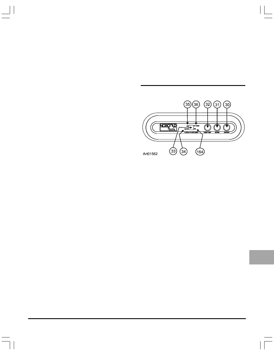 Flip-up shelf, Door bins, Freezer compartment | Door latch for travel and storage, Temperature control system, Operating the refrigerator controls, Control panel | Thetford N51 Series Through 06/05 User Manual | Page 5 / 16