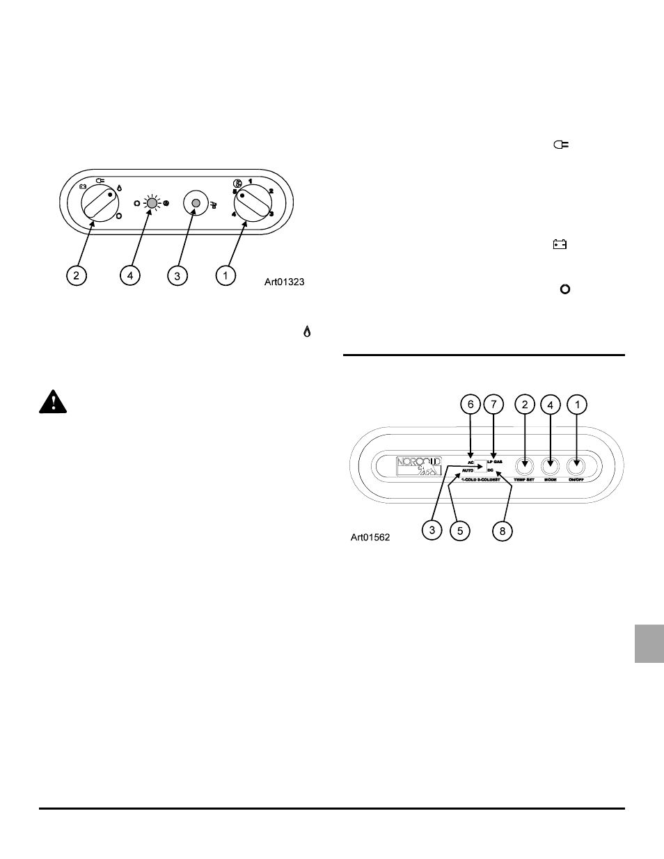 Ignition - propane gas operation, Do a test of the gas safety valve, Start up - ac operation | Start up - dc operation, Shut down, Operating the refrigerator controls (n510 models), Control panel, Operating the refrigerator controls (n510 models ) | Thetford N500 Series Owners Manual User Manual | Page 7 / 18