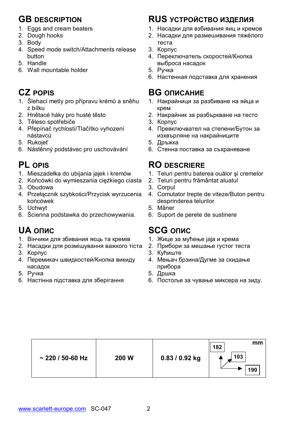 Ua scg | Scarlett SC-047 User Manual | Page 2 / 17