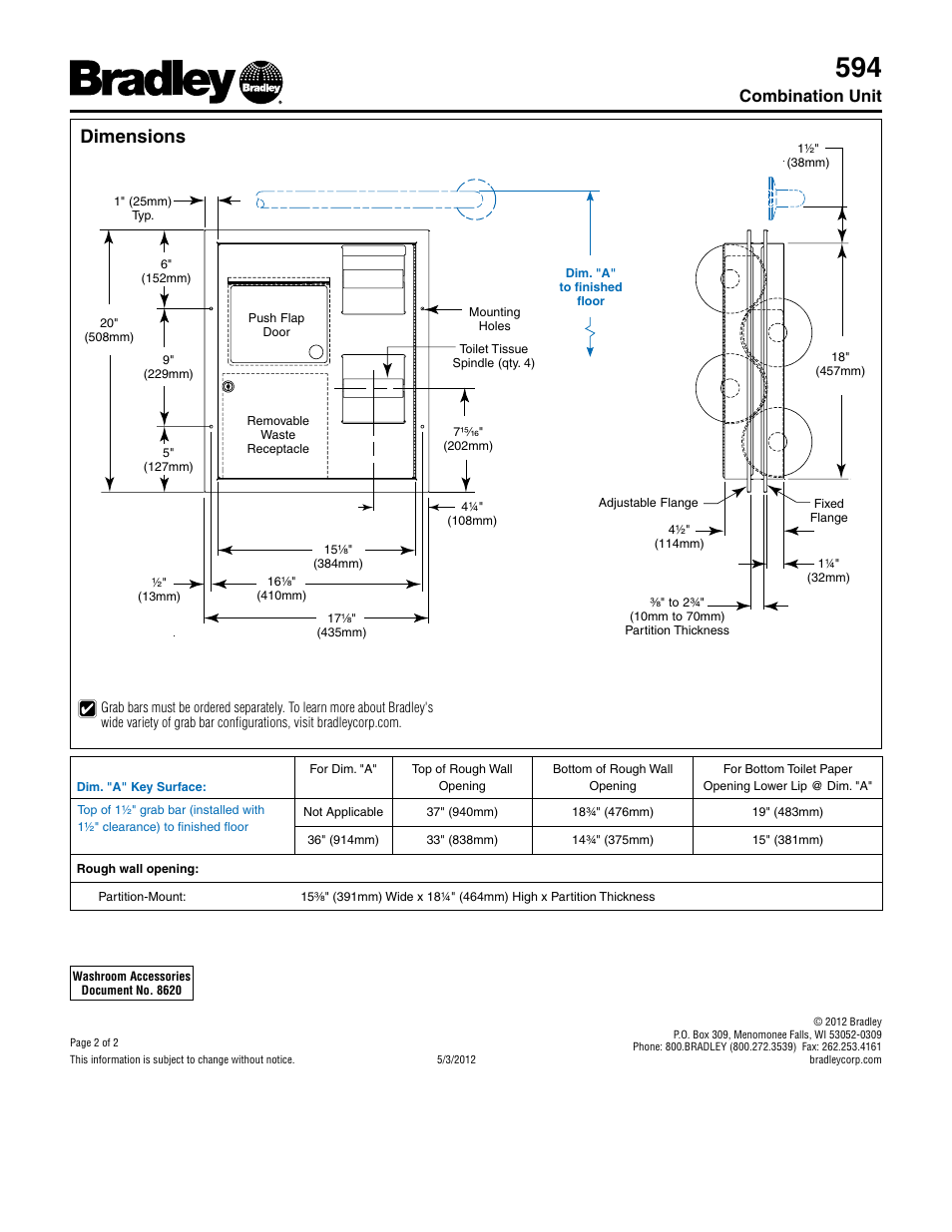Dimensions, Combination unit | Bradley Smoker 594 User Manual | Page 2 / 2