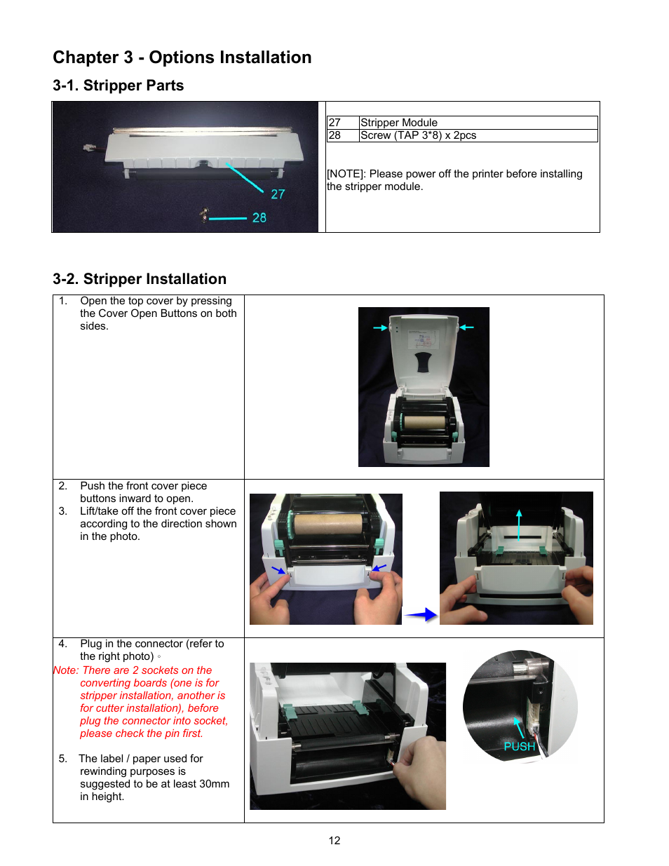 Chapter 3 - options installation, 2 stripper installation, 1. stripper parts | 2. stripper installation | Century Systems CFD-4306 User Manual | Page 15 / 30