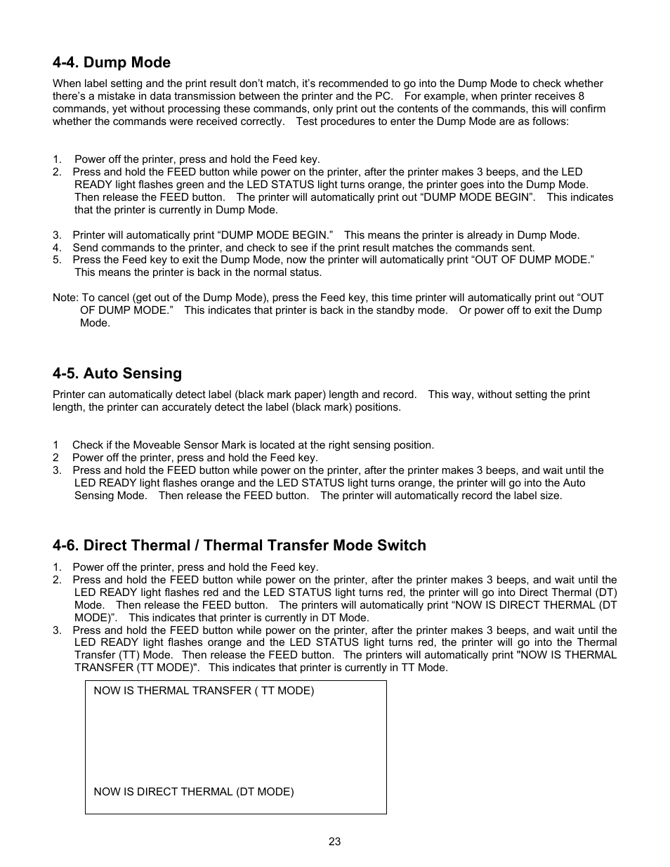4 dump mode, 5 auto sensing, 6 direct thermal / thermal transfer mode switch | 4. dump mode, 5. auto sensing, 6. direct thermal / thermal transfer mode switch | Century Systems CFD-4306 User Manual | Page 26 / 30