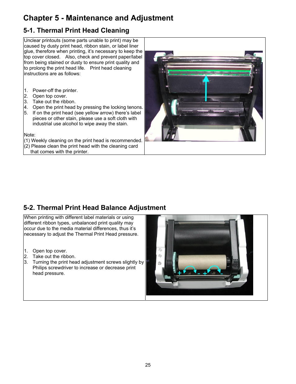 Chapter 5 - maintenance and adjustment, 1 thermal ptint head cleaning, 2 thermal print head balance adjustment | 1. thermal print head cleaning, 2. thermal print head balance adjustment | Century Systems CFD-4306 User Manual | Page 28 / 30