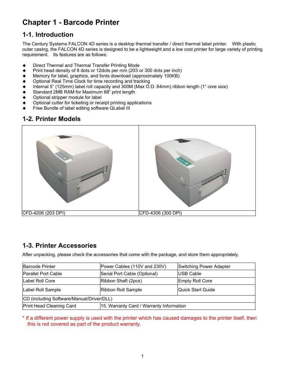 Chapter 1 - barcode printer, 1 introduction, 2 printer models | 3 printer accessories, 1. introduction, 2. printer models, 3. printer accessories | Century Systems CFD-4306 User Manual | Page 4 / 30