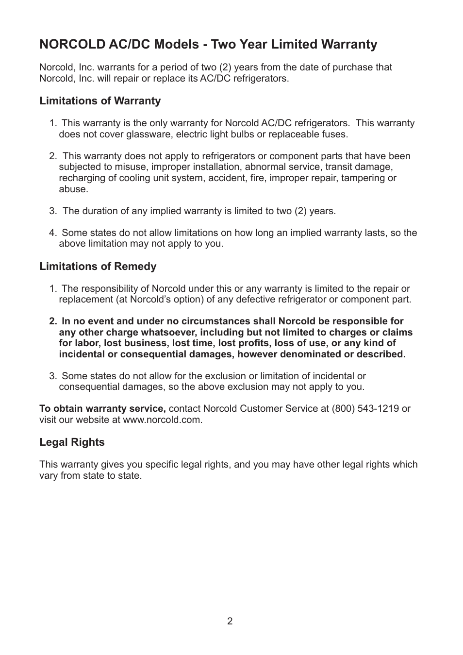 Norcold ac/dc models - two year limited warranty | Thetford NRF60 User Manual | Page 2 / 33