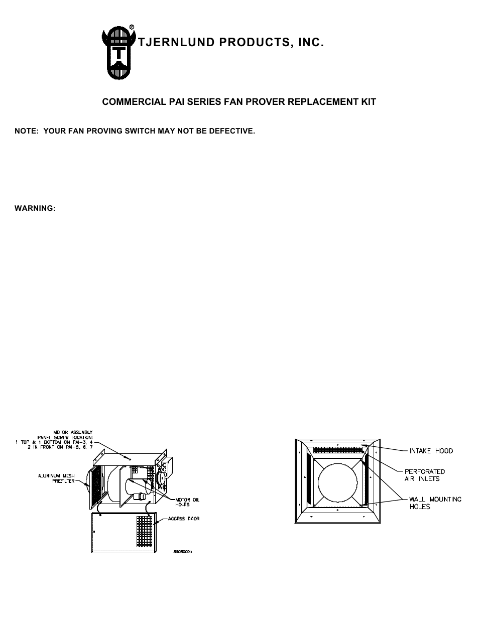 Tjernlund 950-0471 Commercial PAI Series Fan Prover Kit 8504086 Rev. A 01/00 User Manual | 1 page