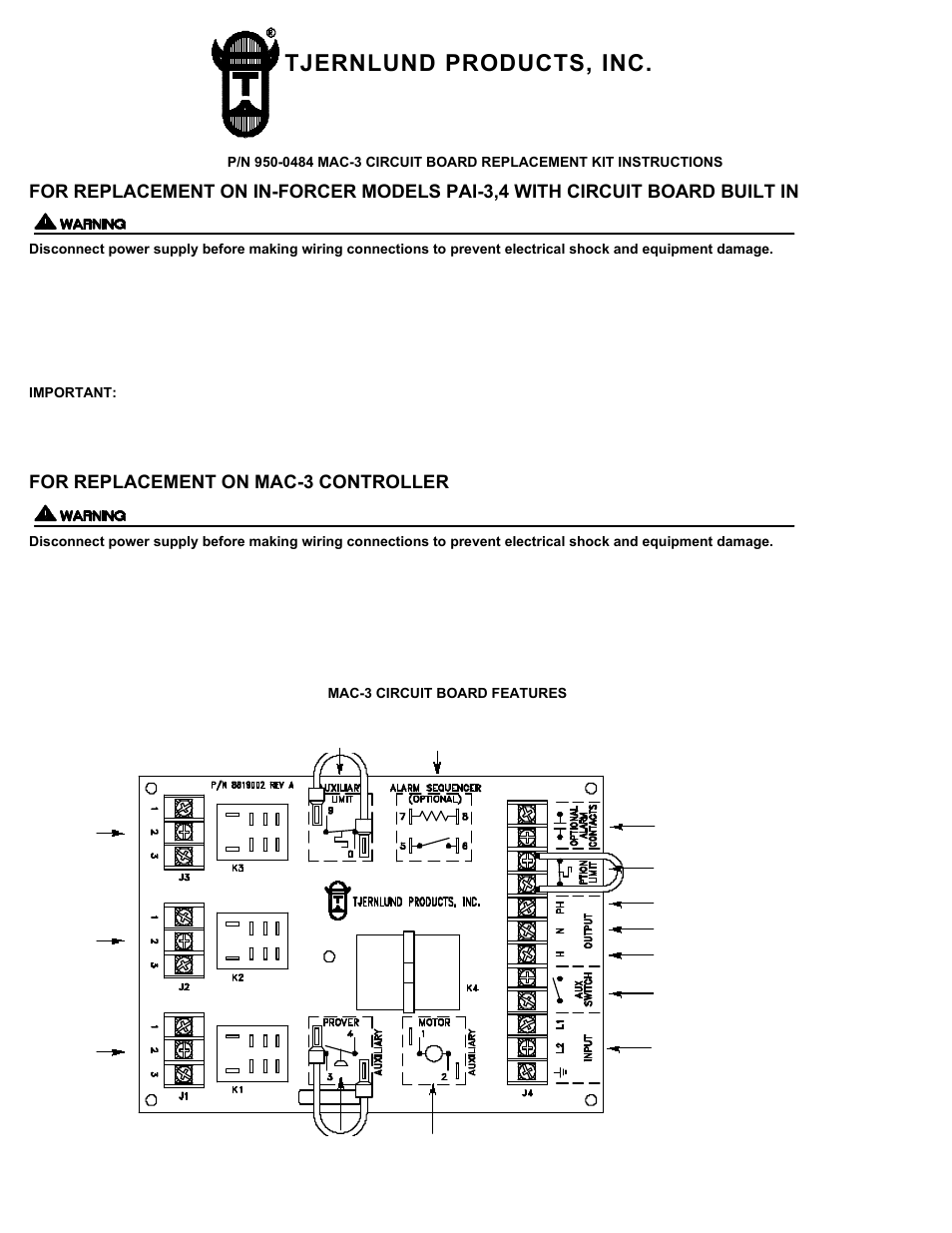 Tjernlund 950-0484 Mac-3 (Discontinued - No longer available) Board Kit 8505009 Rev. 08/00 User Manual | 9 pages