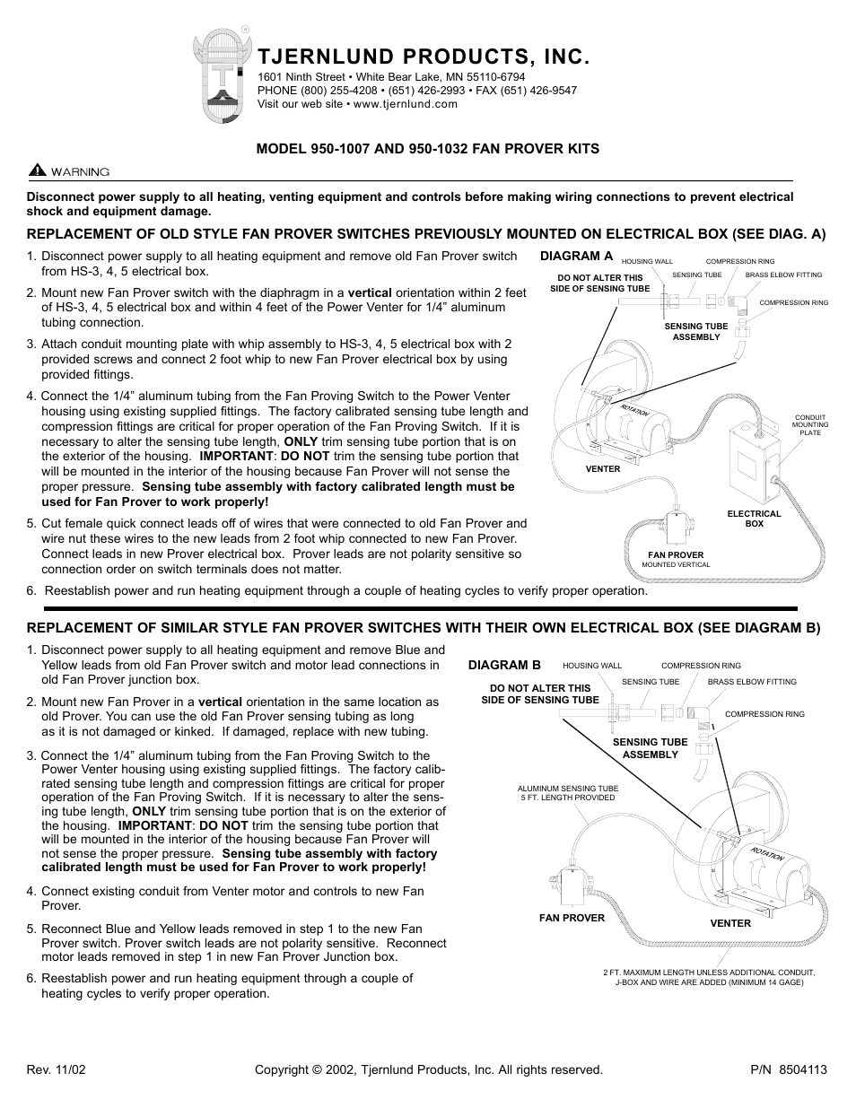 Tjernlund 950-1032 Fan Prover Kit 8504113 User Manual | 1 page