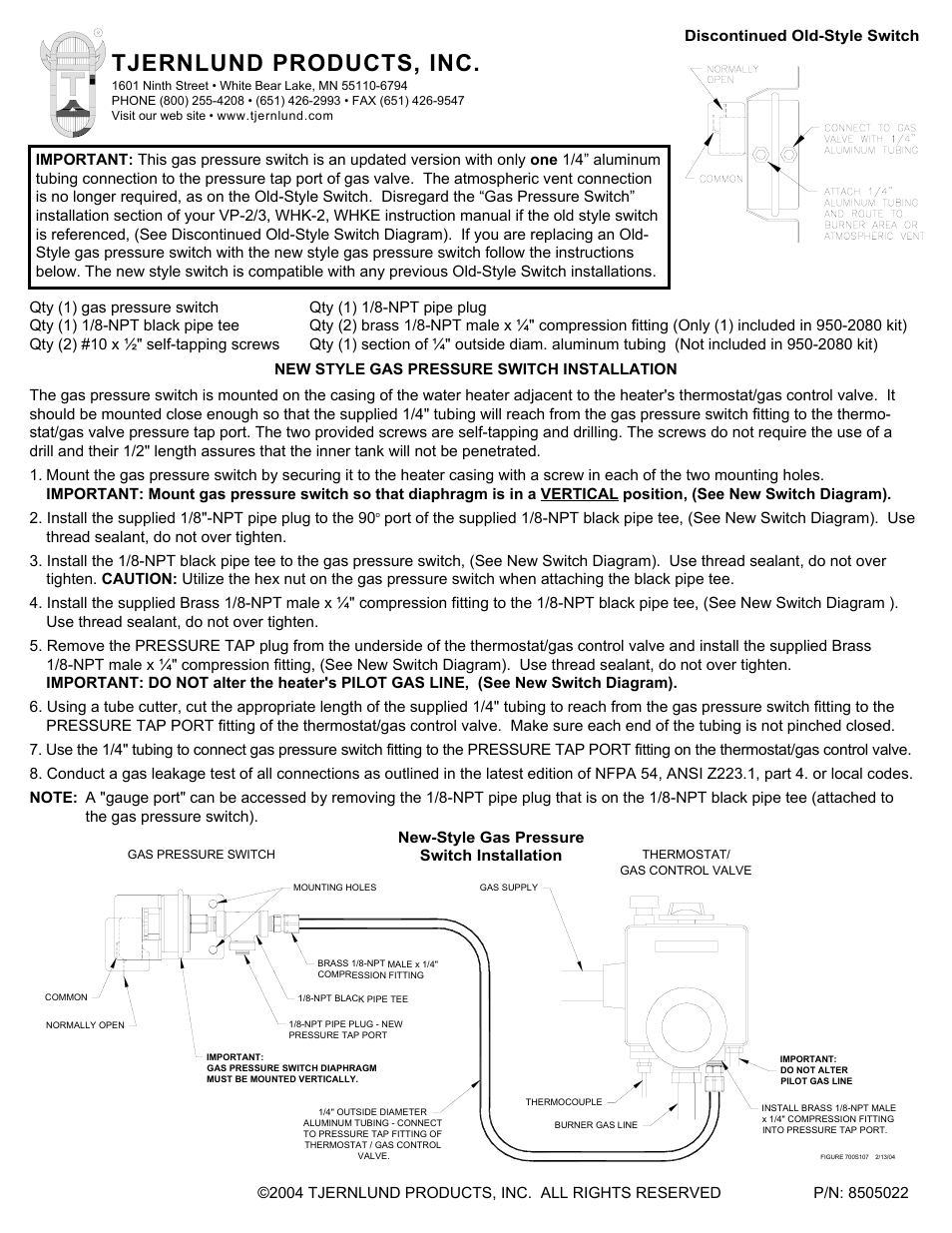 Tjernlund 950-2080 New Style Gas Pressure Switch User Manual | 1 page