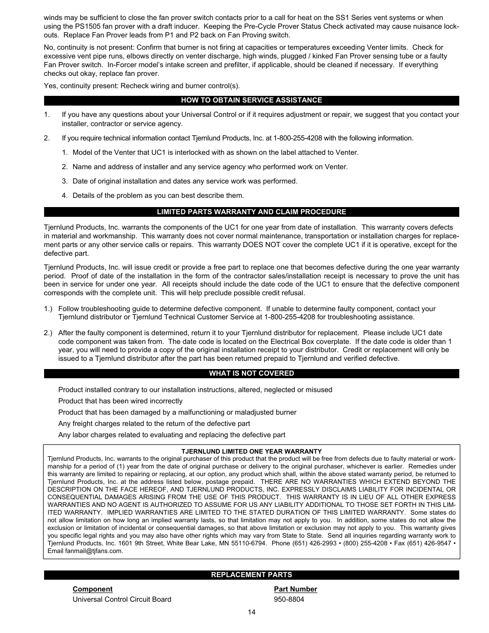 Tjernlund UC1 Universal Control (Version X.06) 8504107 Rev D 07/05 User Manual | Page 17 / 17