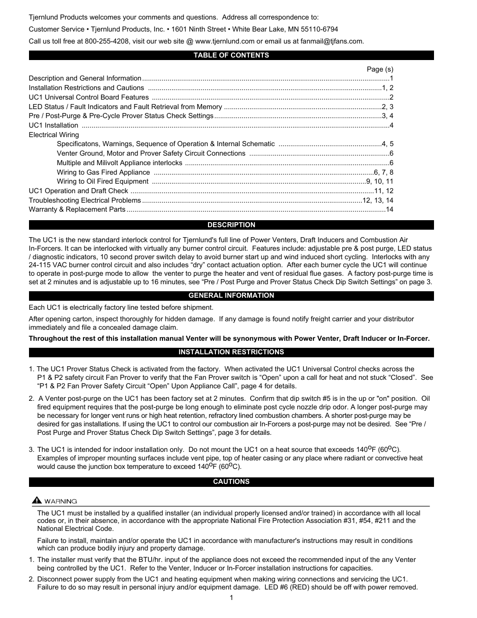 Tjernlund UC1 Universal Control (Version X.06) 8504107 Rev D 07/05 User Manual | Page 4 / 17