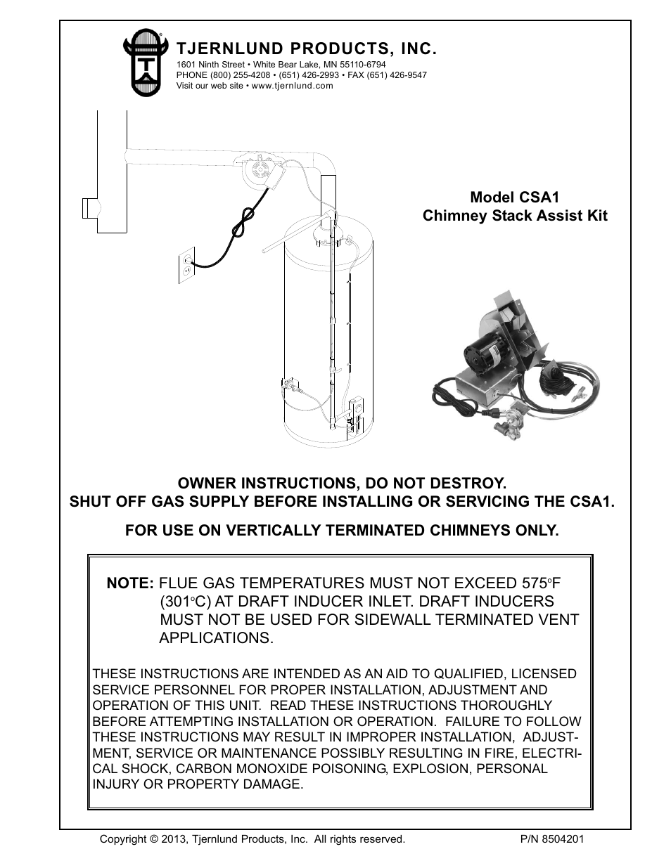 Tjernlund CSA1 Chimney Stack Assist Kit 8504201 User Manual | 8 pages