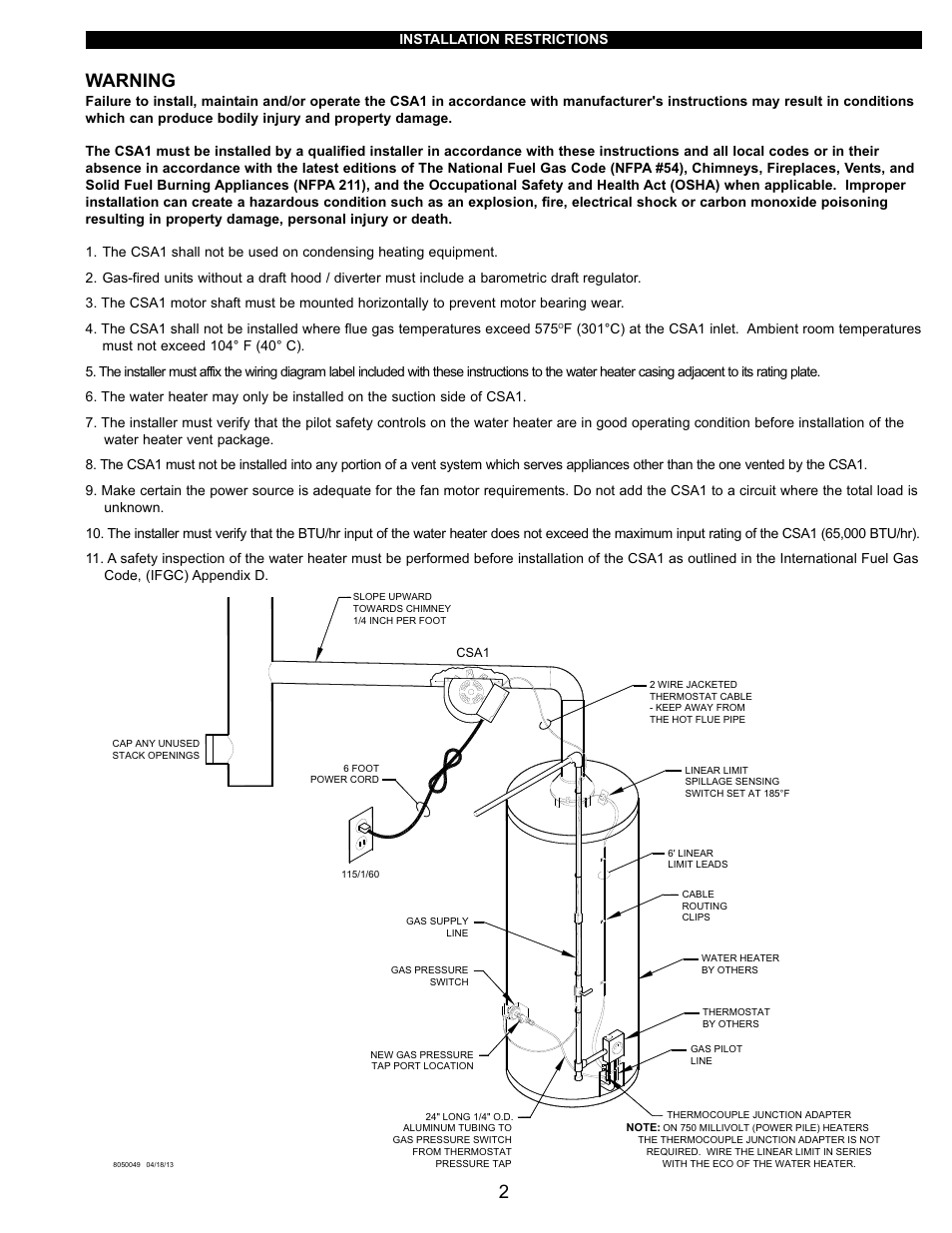 Warning | Tjernlund CSA1 Chimney Stack Assist Kit 8504201 User Manual | Page 3 / 8