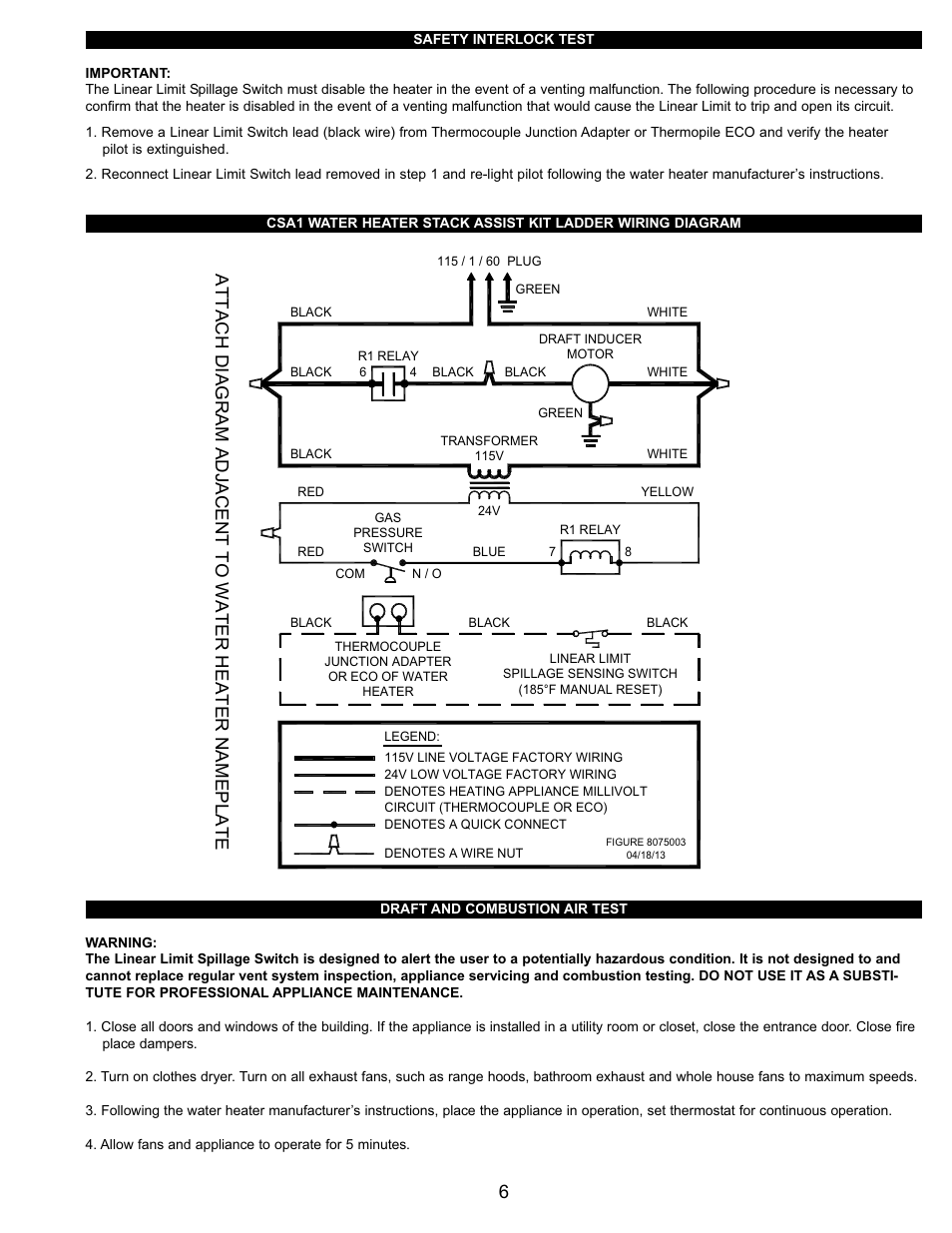 Tjernlund csa1 (chimney stac k assist), Attach diagram adjacent to water heater nameplate | Tjernlund CSA1 Chimney Stack Assist Kit 8504201 User Manual | Page 7 / 8