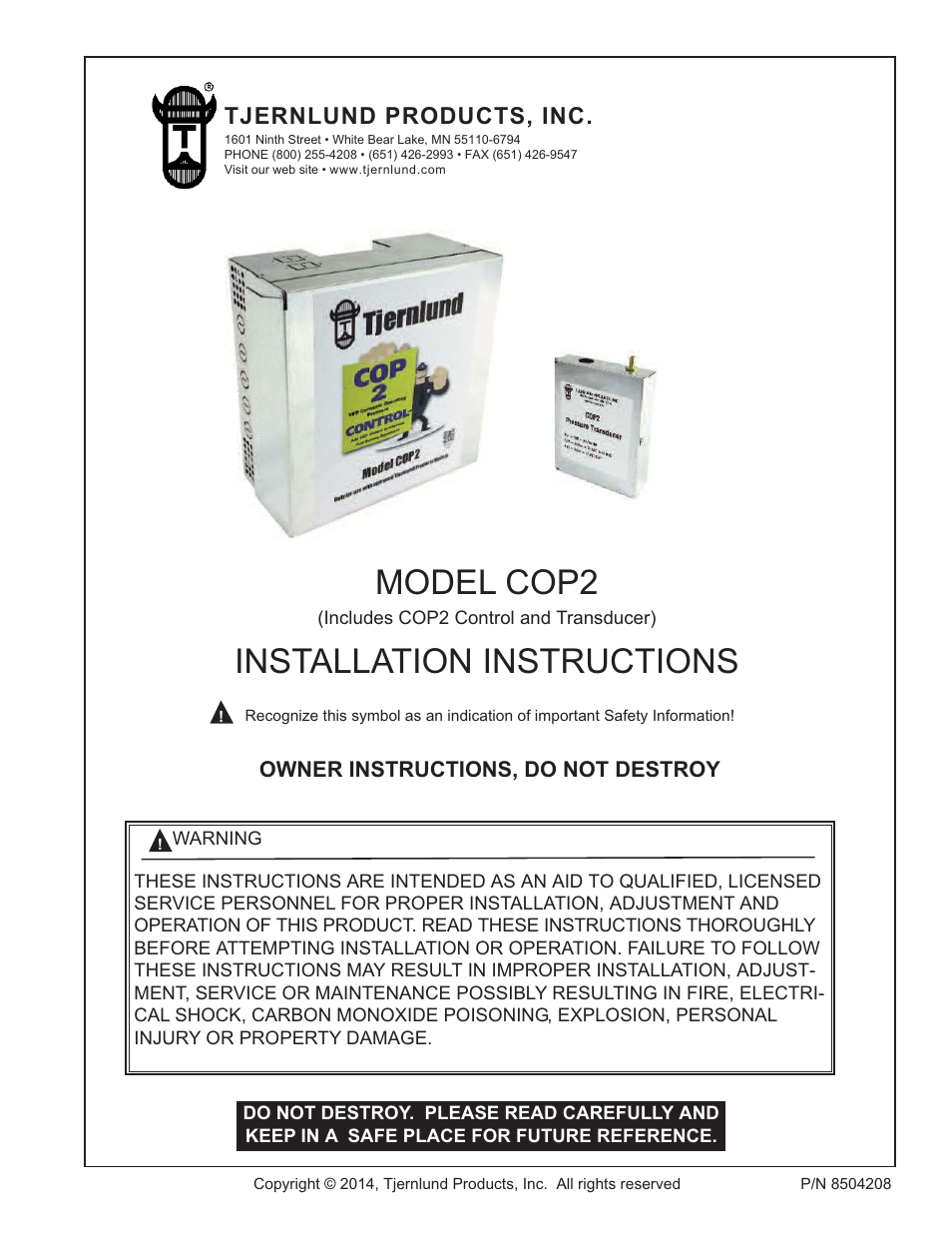 Tjernlund COP2 Constant Operating Pressure Exhaust Control 8504208 User Manual | 11 pages