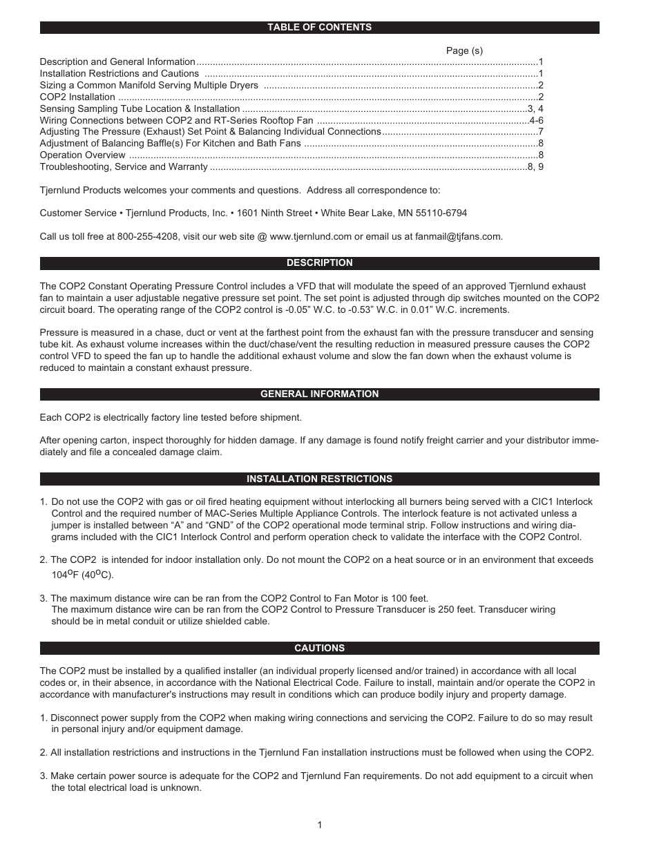 Tjernlund COP2 Constant Operating Pressure Exhaust Control 8504208 User Manual | Page 2 / 11