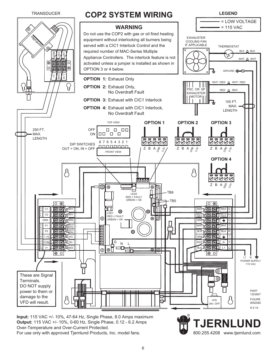 Tjernlund, Cop2 system wiring, Warning | Option 1 option 2 option 3, Option 4, Low voltage = 115 vac, Legend, Vfd will result | Tjernlund COP2 Constant Operating Pressure Exhaust Control 8504208 User Manual | Page 7 / 11