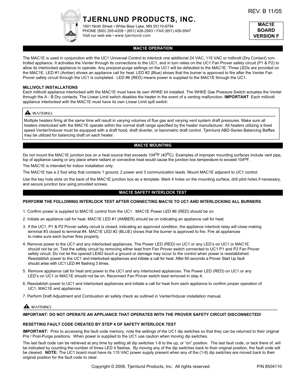 Tjernlund MAC1E Control Version F (Compatible with UC1 Control) 8504110 Rev B 11/05 User Manual | 2 pages